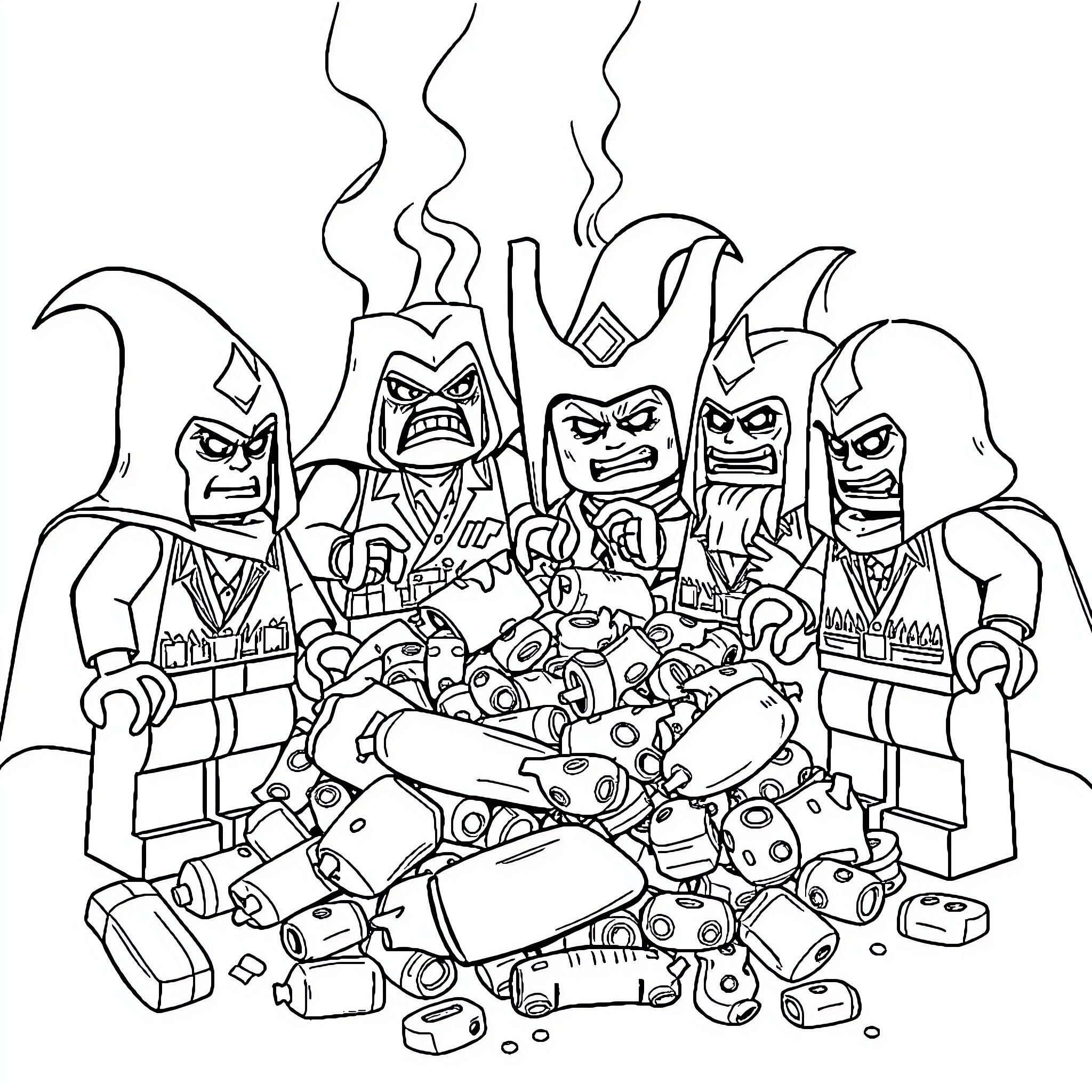 Lego Villain Gathering with Menacing Expressions Coloring Page (free black-and-white line drawing printable PDF for all, from beginners to advanced learners, including children, teens, adults, and seniors)