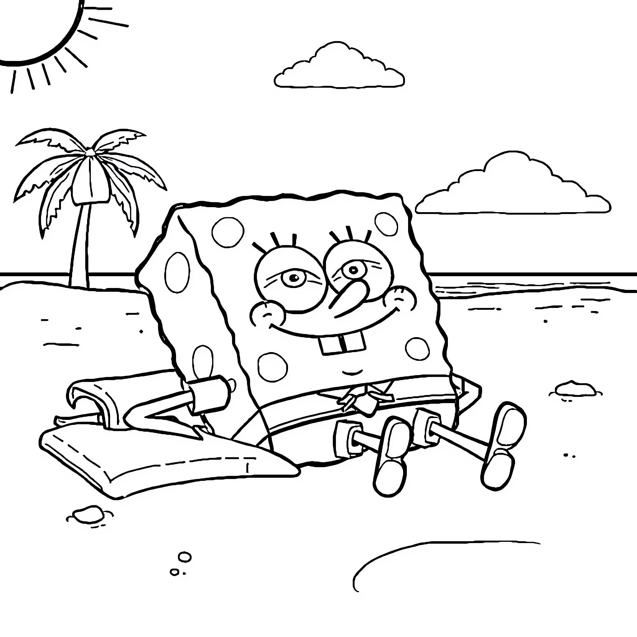 Spongebob relaxing on the beach with his belongings Coloring Page (free black-and-white line drawing printable PDF for all, from beginners to advanced learners, including children, teens, adults, and seniors)