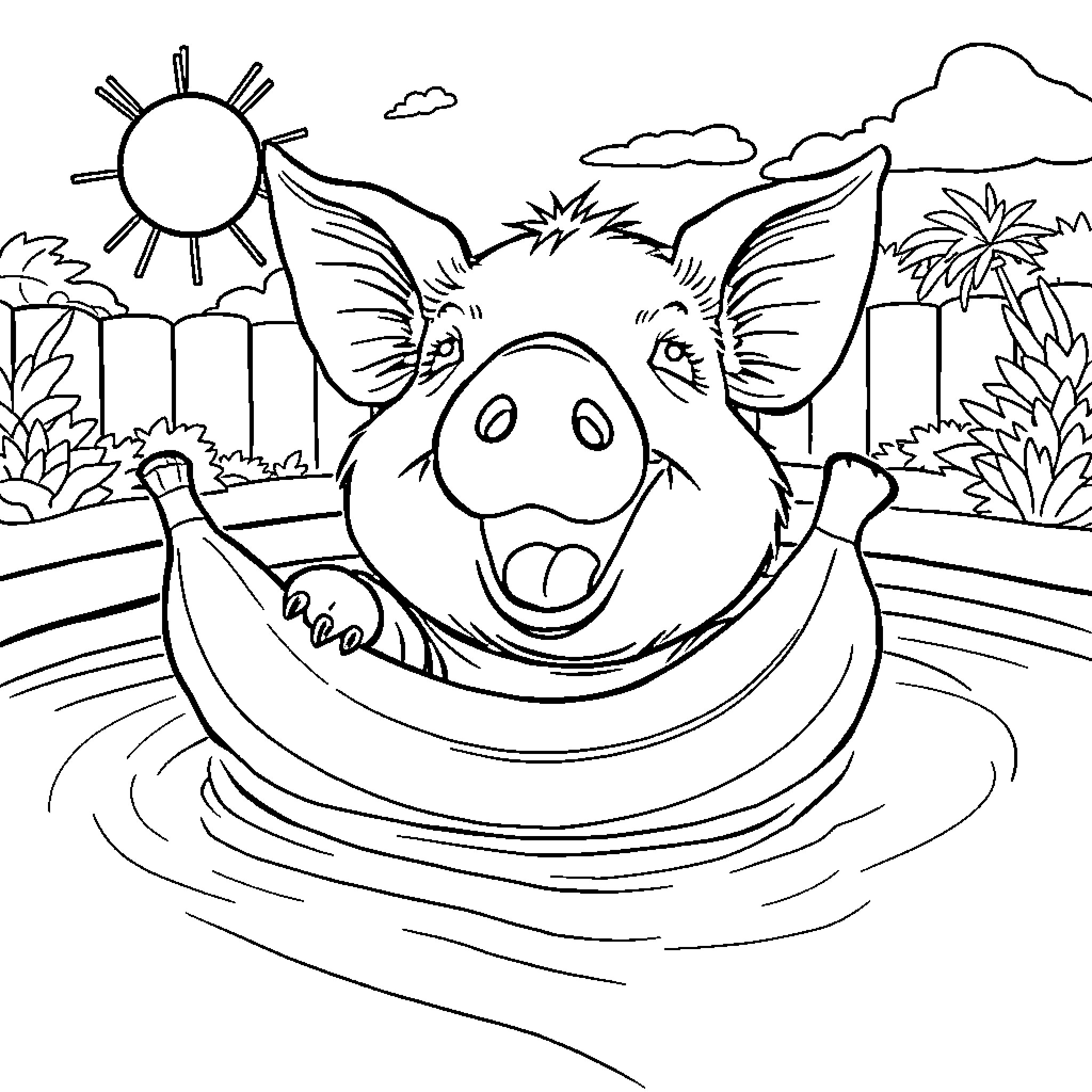 Pig Splashing Happily in Pool on Sunny Day Coloring Page (free black-and-white line drawing printable PDF for all, from beginners to advanced learners, including children, teens, adults, and seniors)