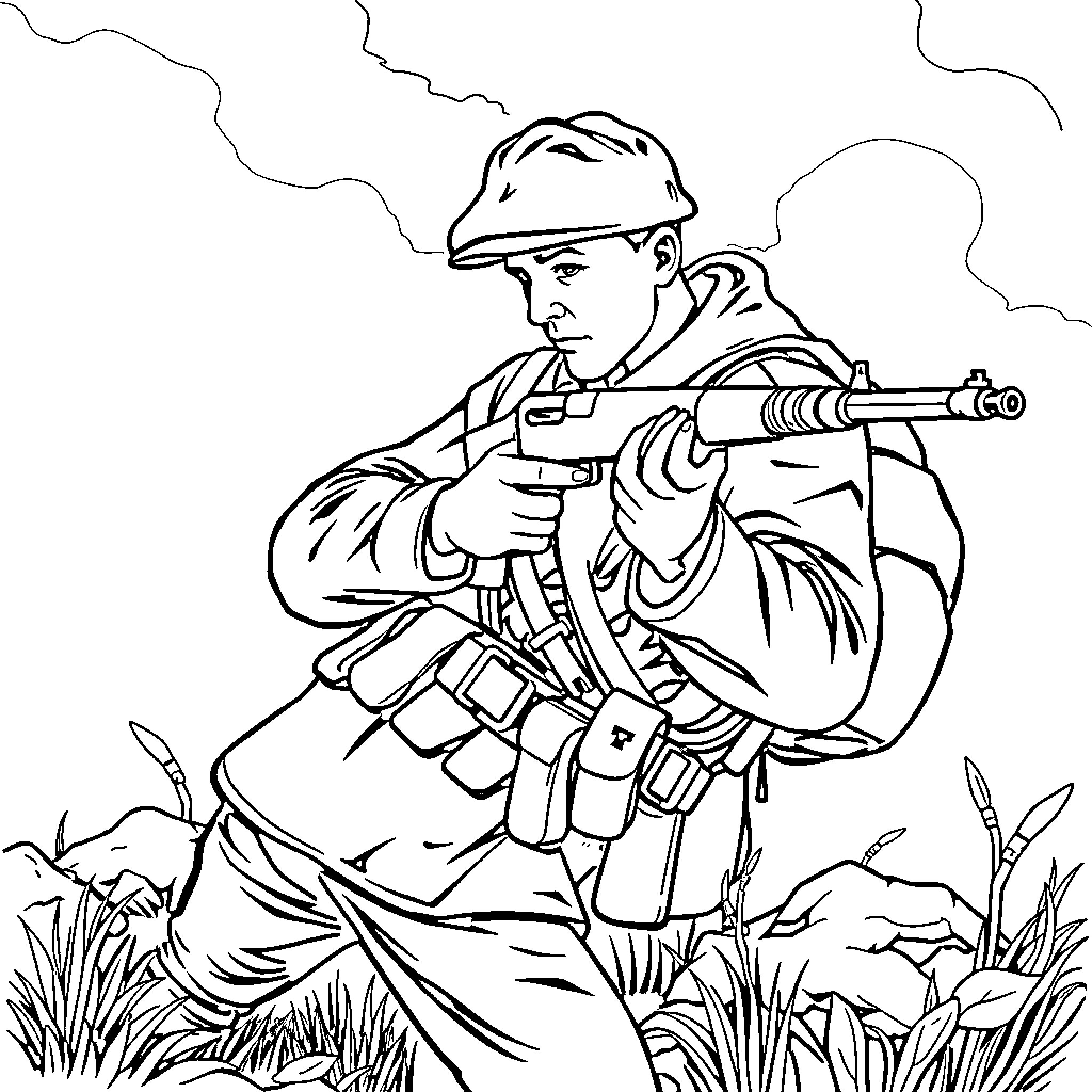 Anzac Soldier Advancing with Weapon in Combat Coloring Page (free black-and-white line drawing printable PDF for all, from beginners to advanced learners, including children, teens, adults, and seniors)