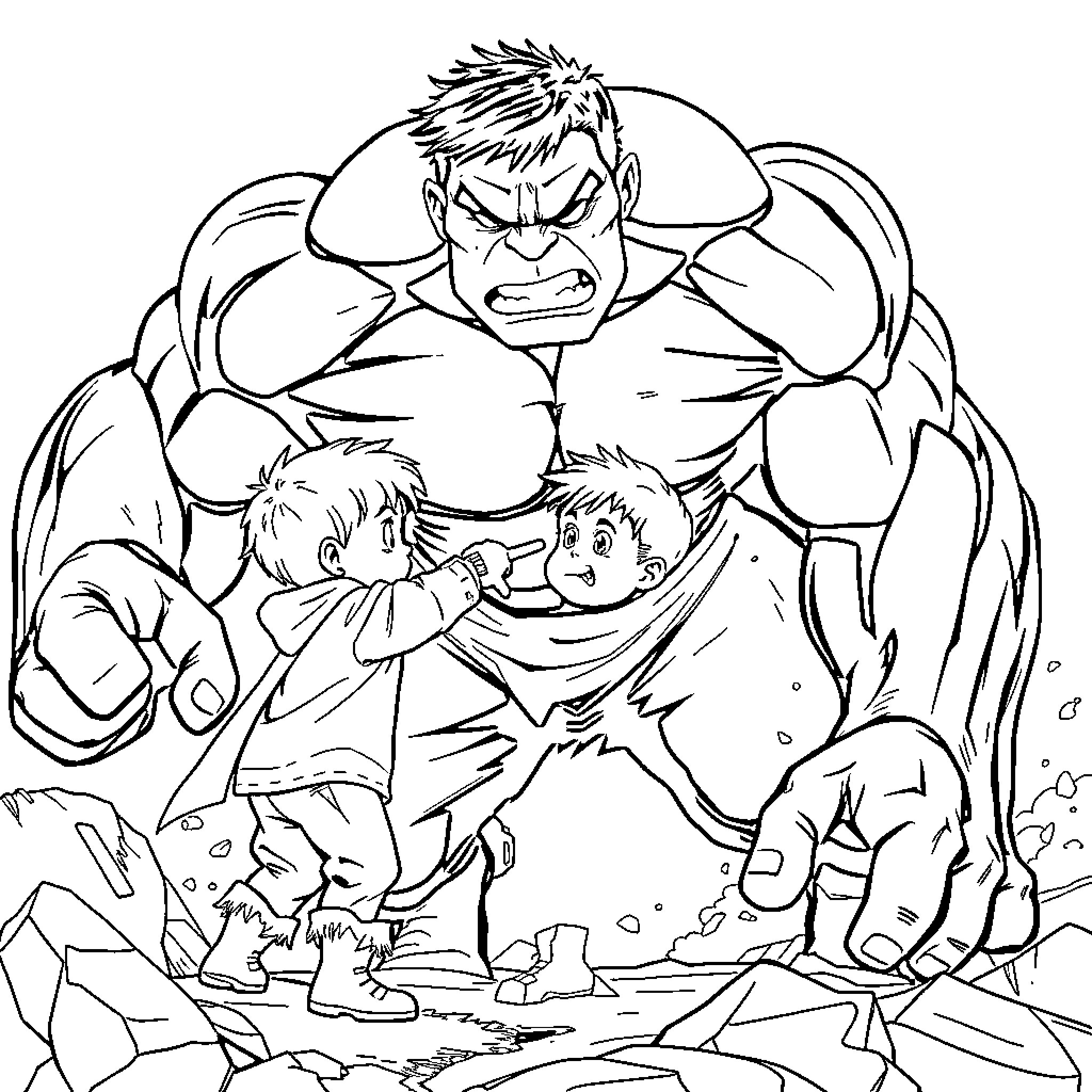 Mignon angry giant confronting a small curious child Coloring Page (free black-and-white line drawing printable PDF for all, from beginners to advanced learners, including children, teens, adults, and seniors)