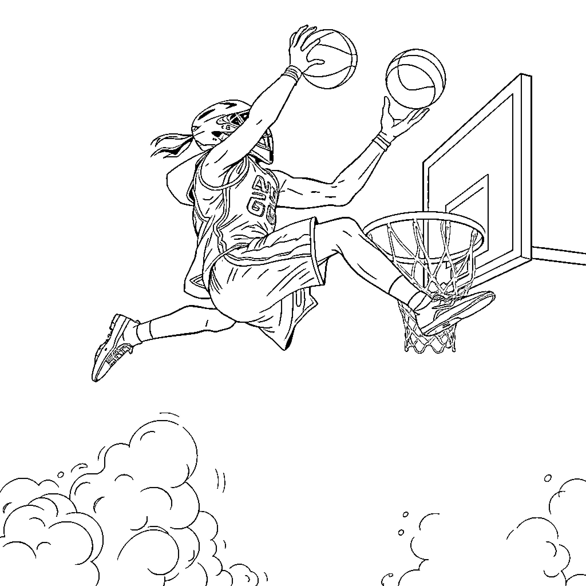 Basketball Player Scoring a Spectacular Slam Dunk Coloring Page (free black-and-white line drawing printable PDF for all, from beginners to advanced learners, including children, teens, adults, and seniors)