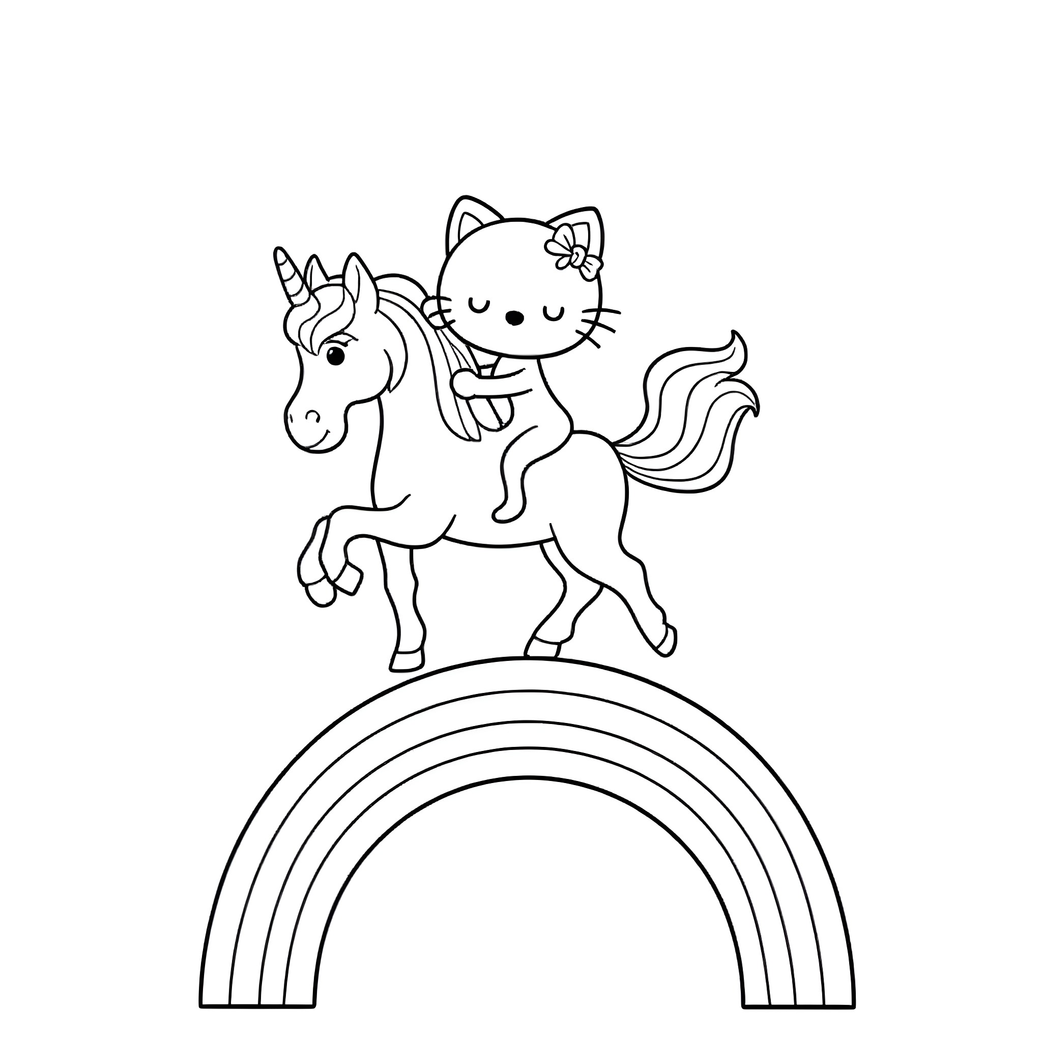 Kitty riding a unicorn over a rainbow Coloring Page (free black-and-white line drawing printable PDF for all, from beginners to advanced learners, including children, teens, adults, and seniors)