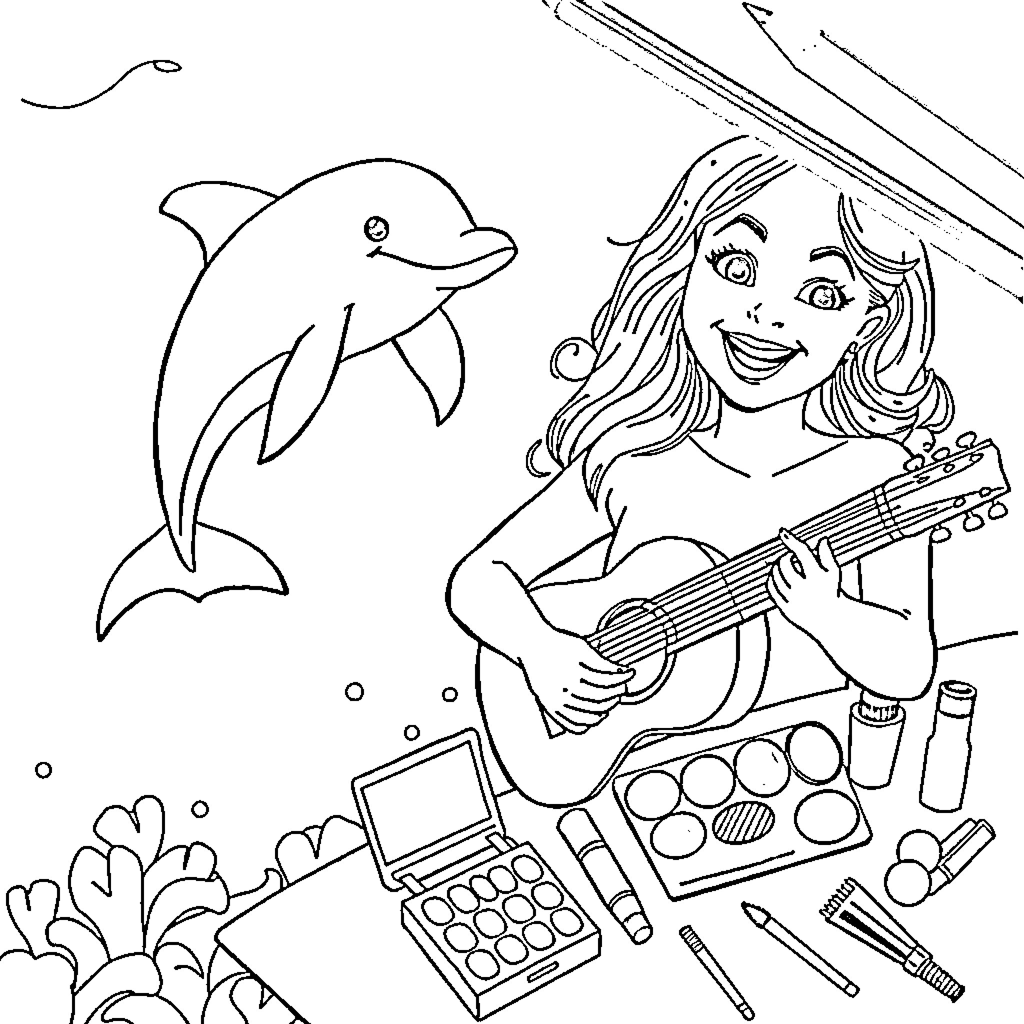 Dolphin playing with a musician in the ocean Coloring Page (free black-and-white line drawing printable PDF for all, from beginners to advanced learners, including children, teens, adults, and seniors)