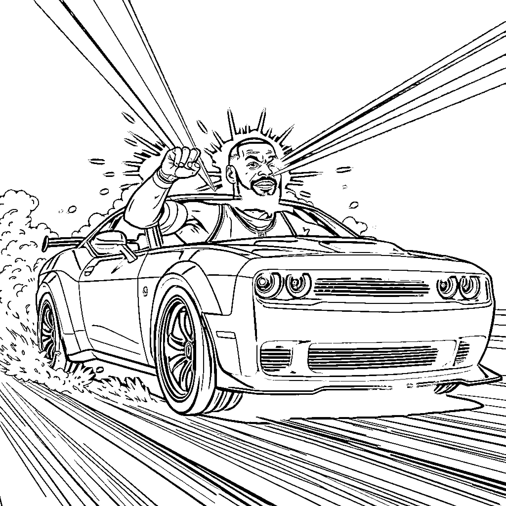 LeBron James driving a high-powered sports car Coloring Page (free black-and-white line drawing printable PDF for all, from beginners to advanced learners, including children, teens, adults, and seniors)