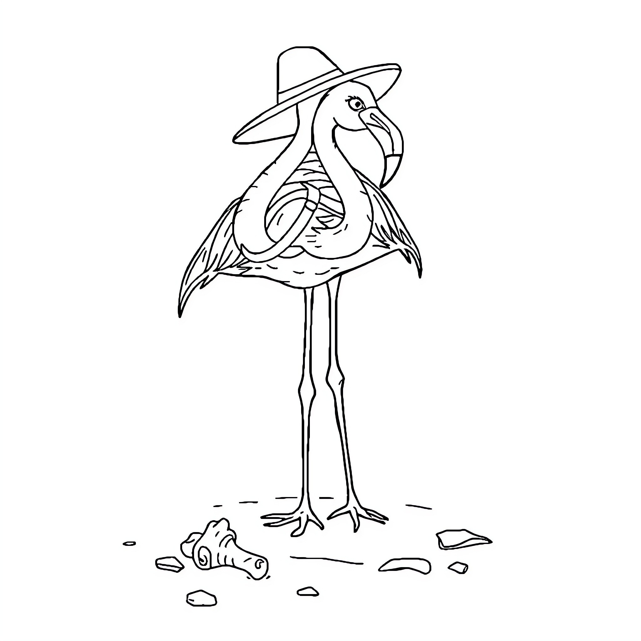 Flamingo wearing a sun hat Coloring Page (free black-and-white line drawing printable PDF for all, from beginners to advanced learners, including children, teens, adults, and seniors)