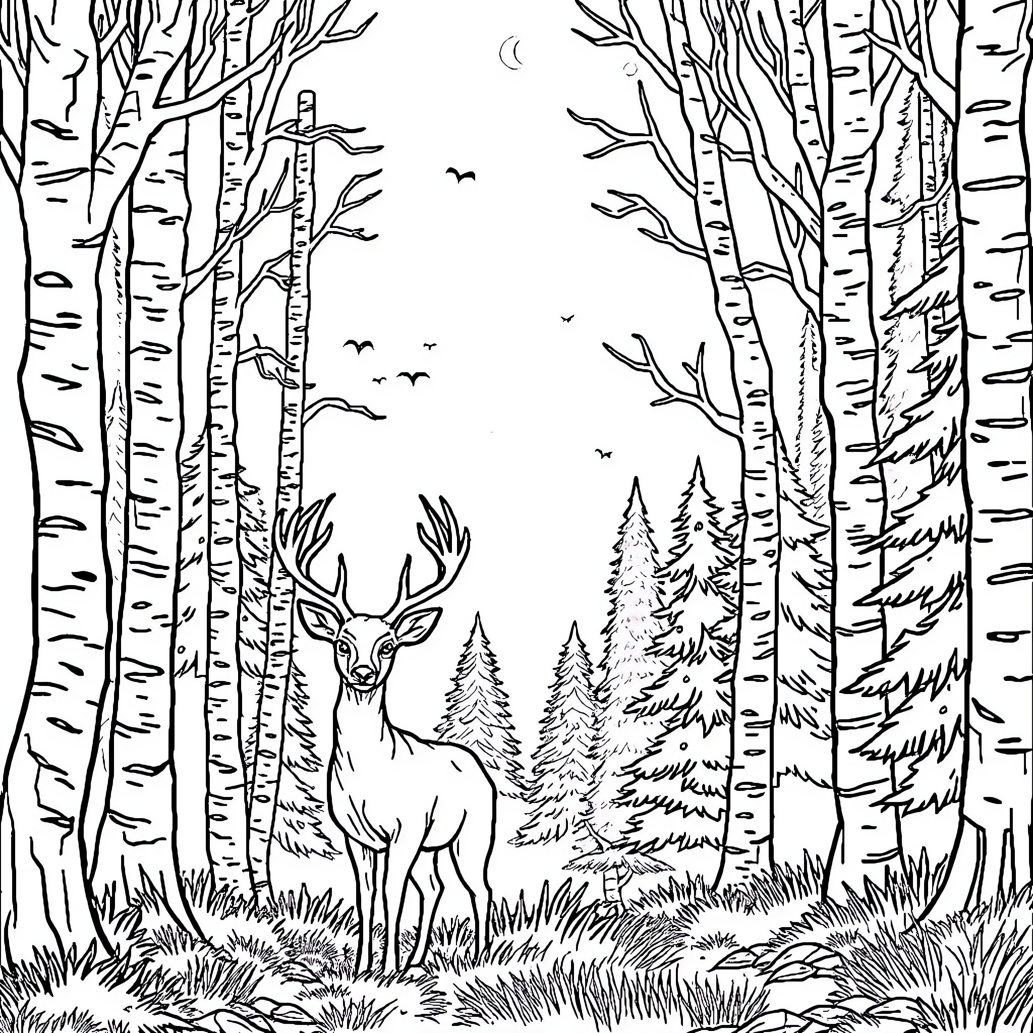 Deer in serene forest landscape Coloring Page (free black-and-white line drawing printable PDF for all, from beginners to advanced learners, including children, teens, adults, and seniors)