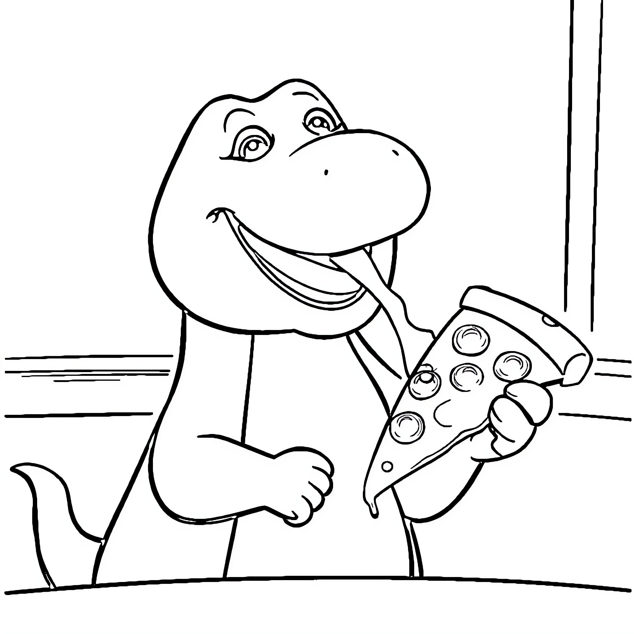 Barney playing a video game happily Coloring Page (free black-and-white line drawing printable PDF for all, from beginners to advanced learners, including children, teens, adults, and seniors)