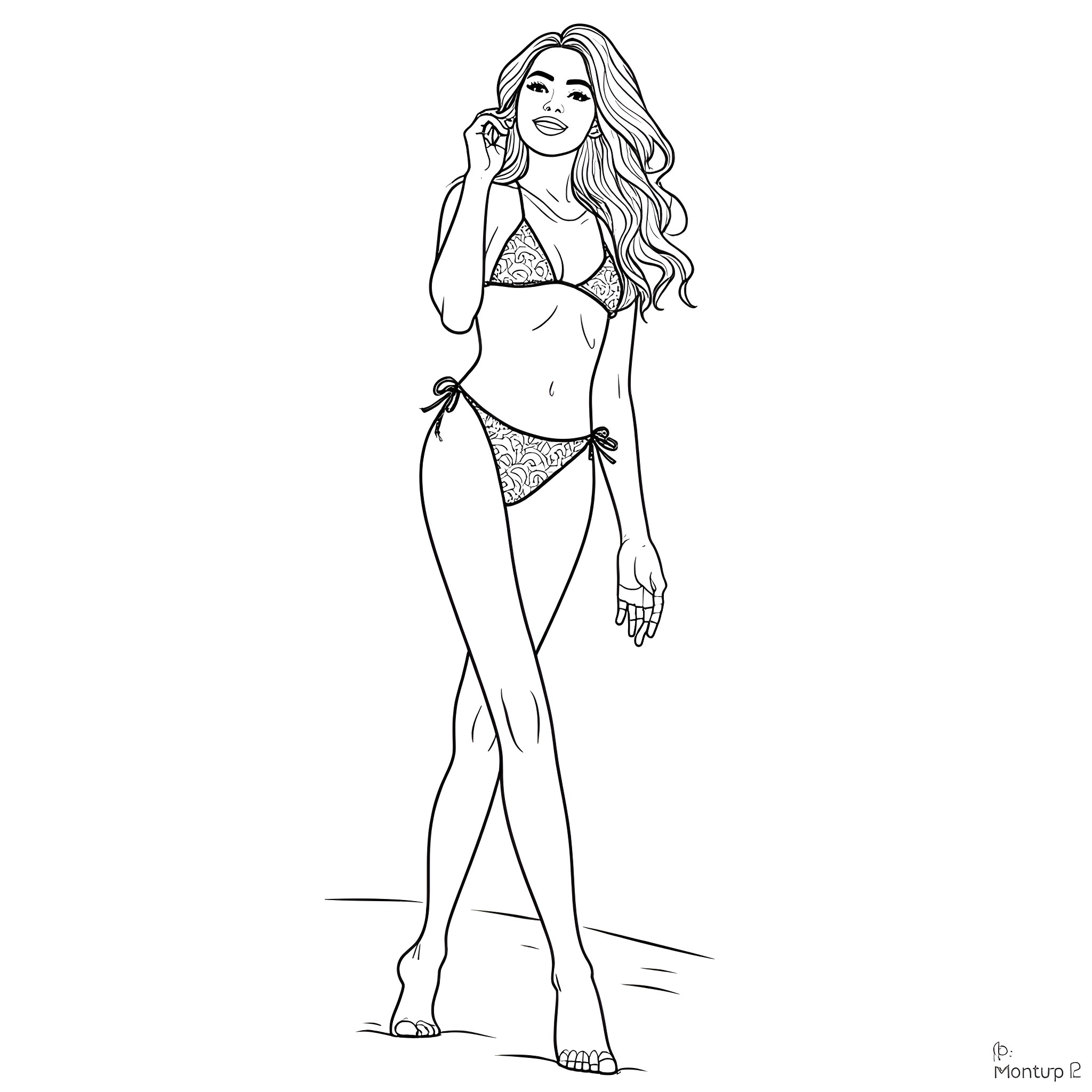 Ariana Grande in Glamorous Swimwear Pose Coloring Page (free black-and-white line drawing printable PDF for all, from beginners to advanced learners, including children, teens, adults, and seniors)