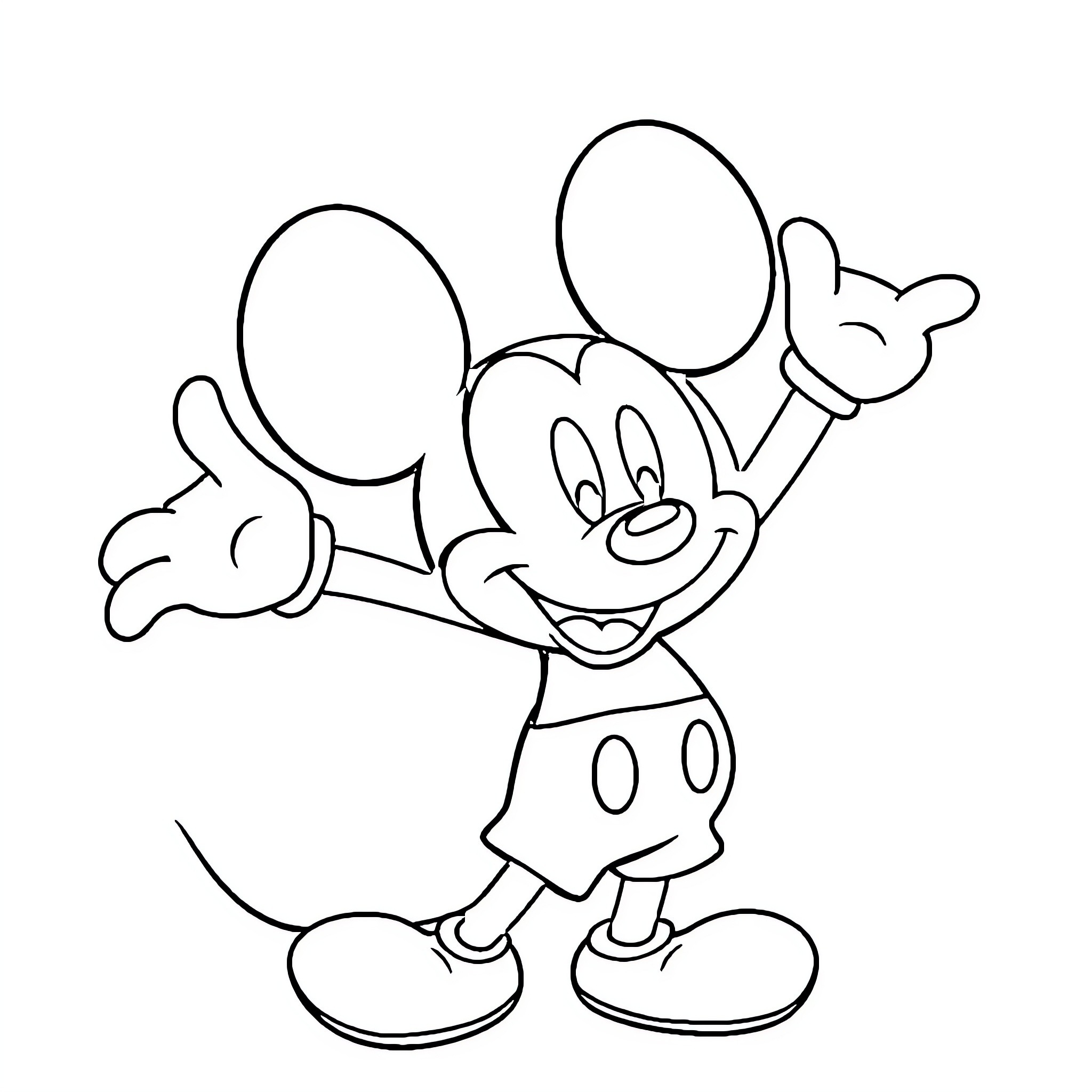 Mickey Mouse waving happily in black and white Coloring Page (free black-and-white line drawing printable PDF for all, from beginners to advanced learners, including children, teens, adults, and seniors)