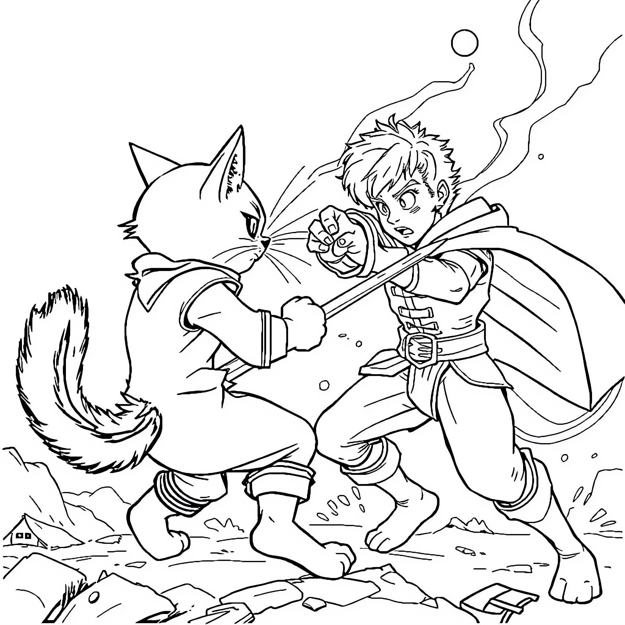 Cat Boy battles fierce feline foe in epic showdown Coloring Page (free black-and-white line drawing printable PDF for all, from beginners to advanced learners, including children, teens, adults, and seniors)