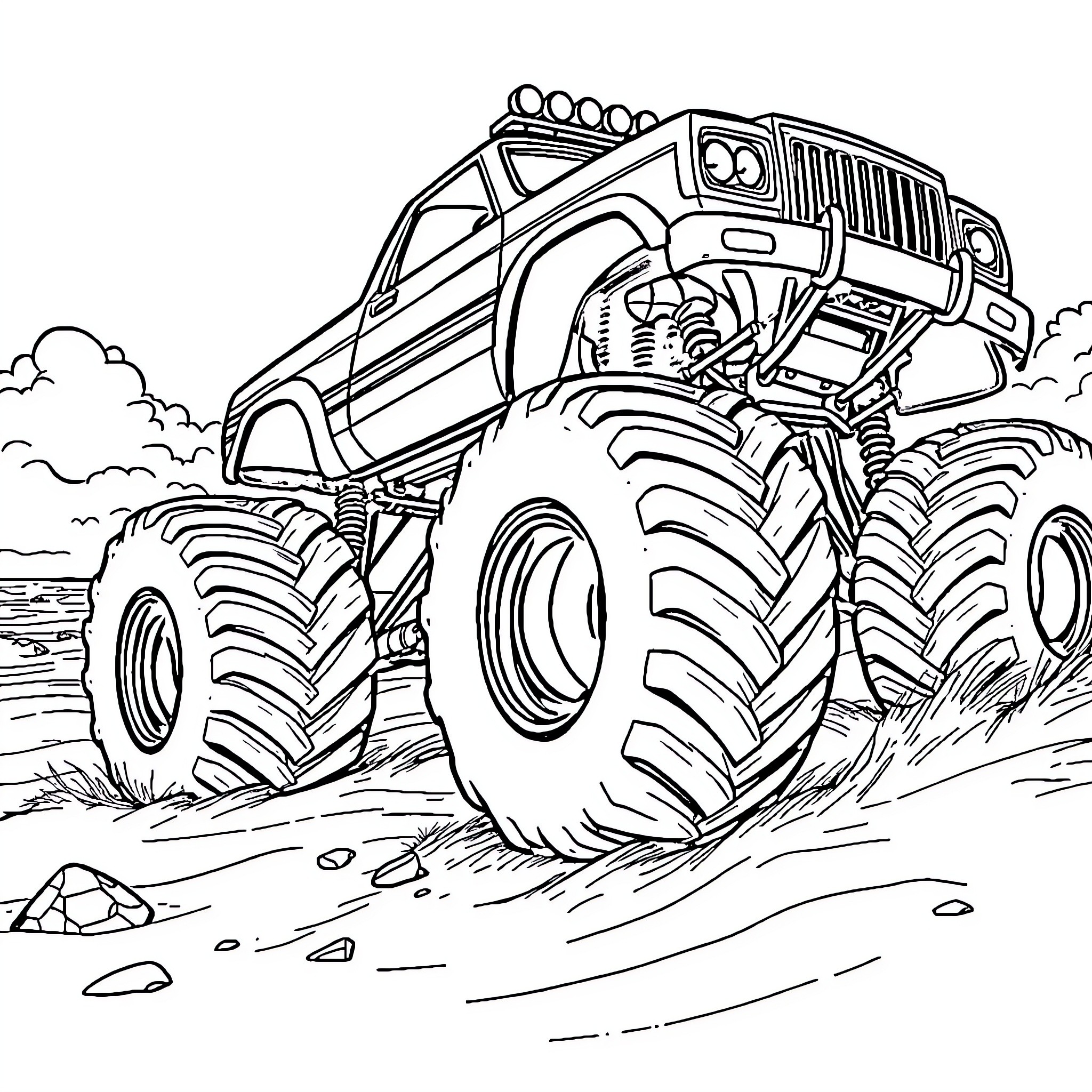 Monster Truck Navigating Rugged Terrain Coloring Page (free black-and-white line drawing printable PDF for all, from beginners to advanced learners, including children, teens, adults, and seniors)