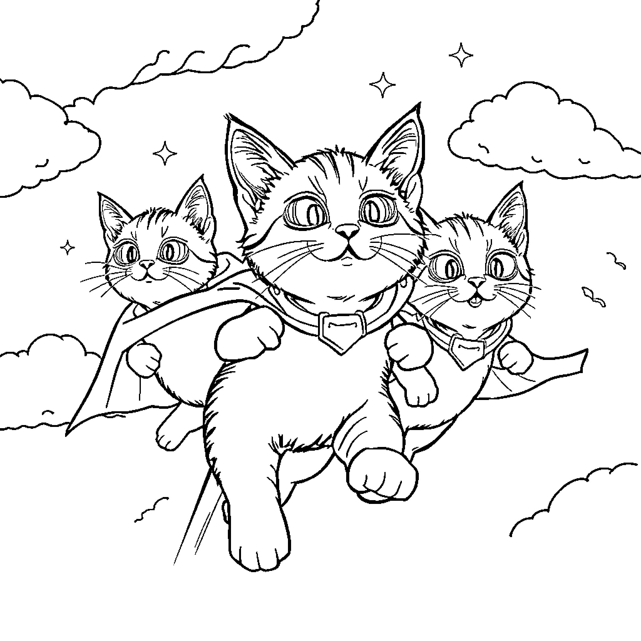 Kitty Superheroes Soar Through the Sky Coloring Page (free black-and-white line drawing printable PDF for all, from beginners to advanced learners, including children, teens, adults, and seniors)