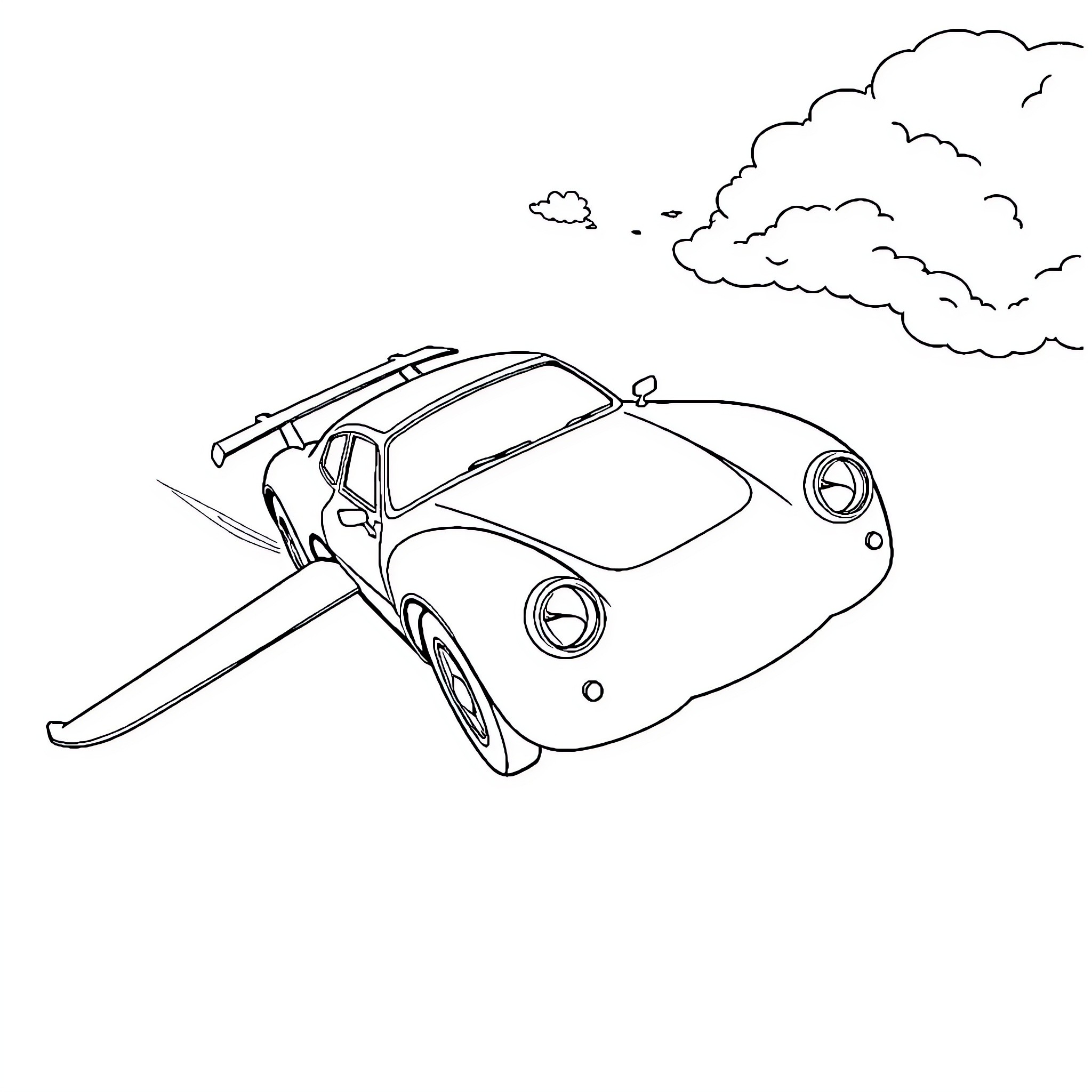Flying Car soaring through cloudy skies Coloring Page (free black-and-white line drawing printable PDF for all, from beginners to advanced learners, including children, teens, adults, and seniors)