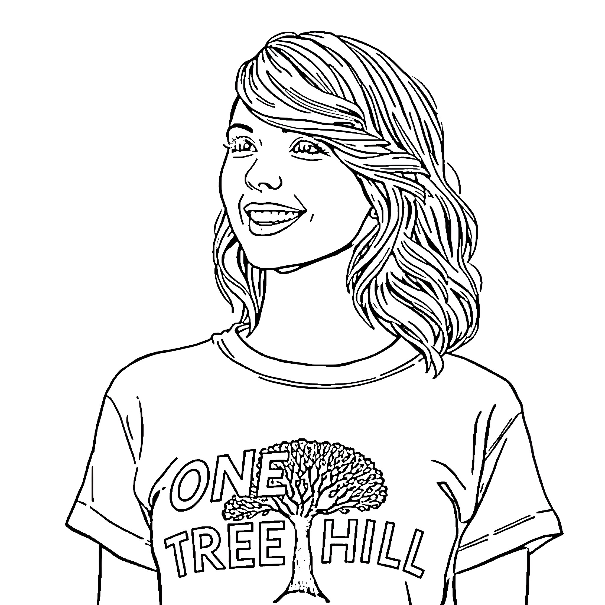 Taylor Swift smiling in casual tree-themed shirt Coloring Page (free black-and-white line drawing printable PDF for all, from beginners to advanced learners, including children, teens, adults, and seniors)