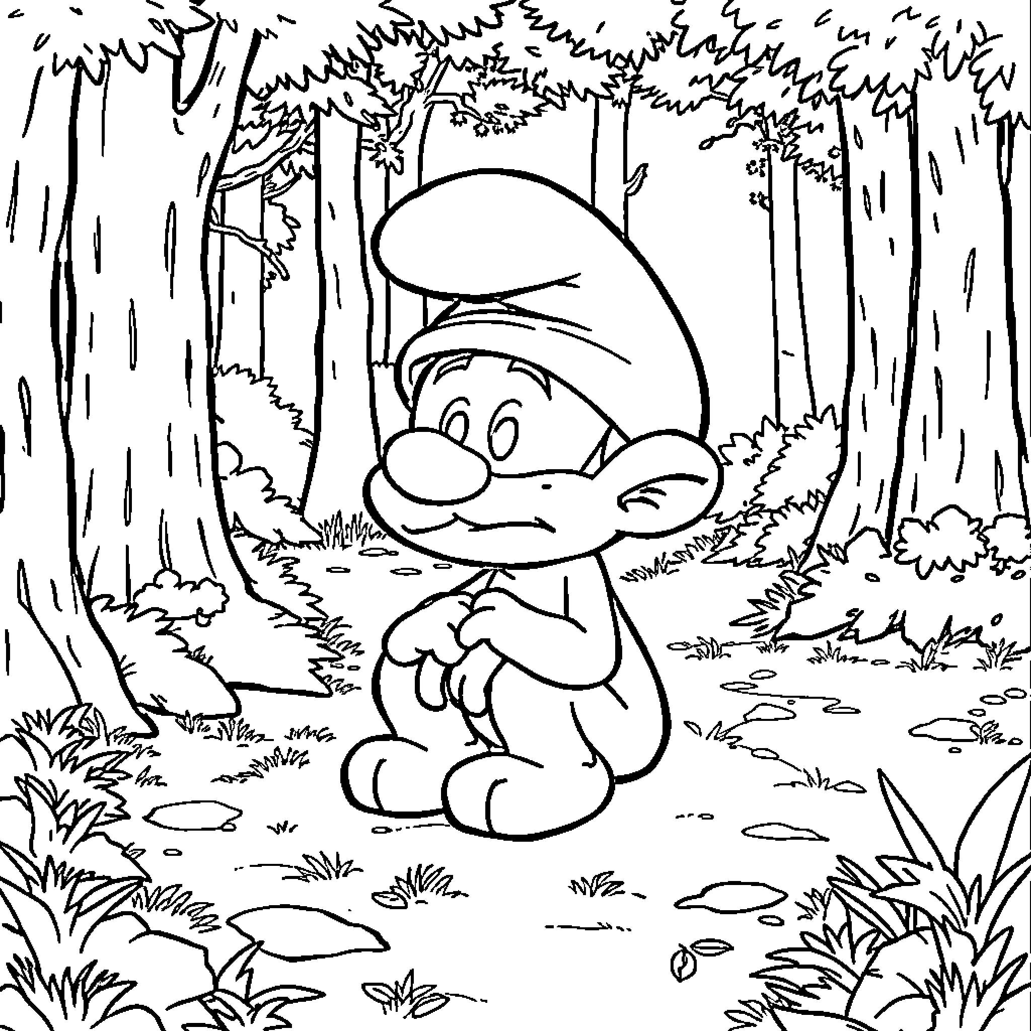 Papa Smurf exploring the enchanted forest Coloring Page (free black-and-white line drawing printable PDF for all, from beginners to advanced learners, including children, teens, adults, and seniors)