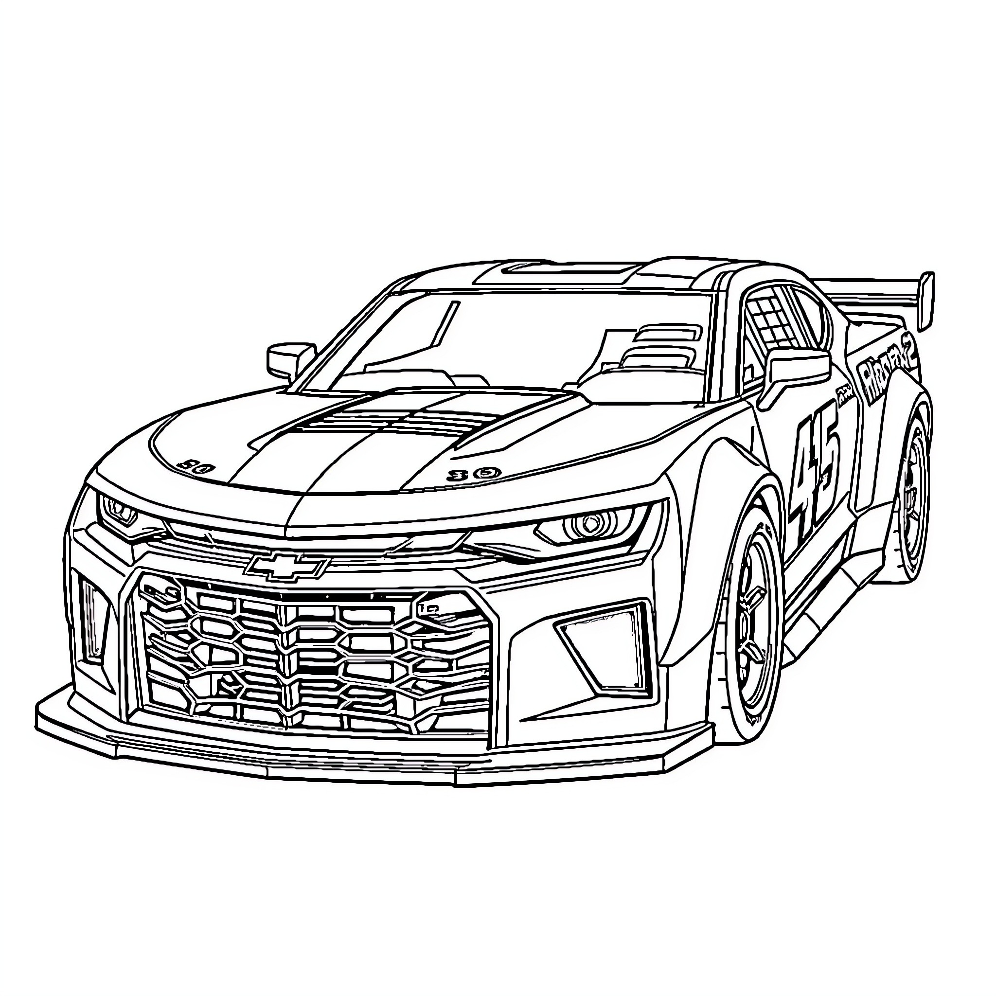 Chevrolet Camaro racing car with sporty design Coloring Page (free black-and-white line drawing printable PDF for all, from beginners to advanced learners, including children, teens, adults, and seniors)