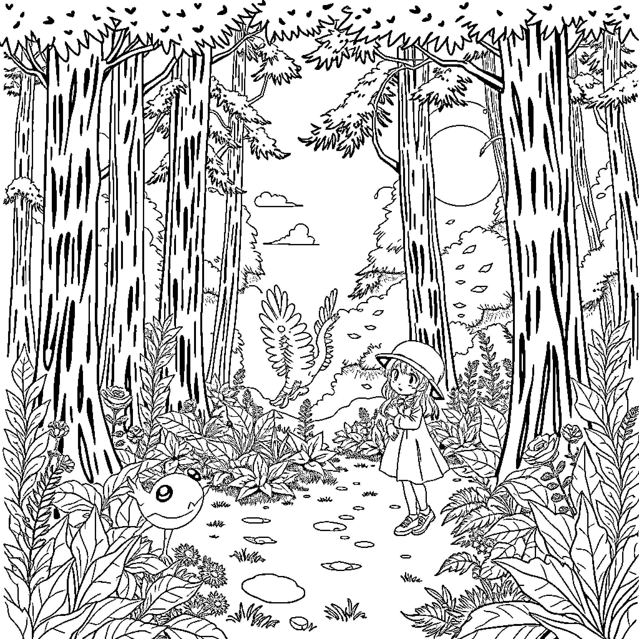 Caterpie exploring the magical forest Coloring Page (free black-and-white line drawing printable PDF for all, from beginners to advanced learners, including children, teens, adults, and seniors)