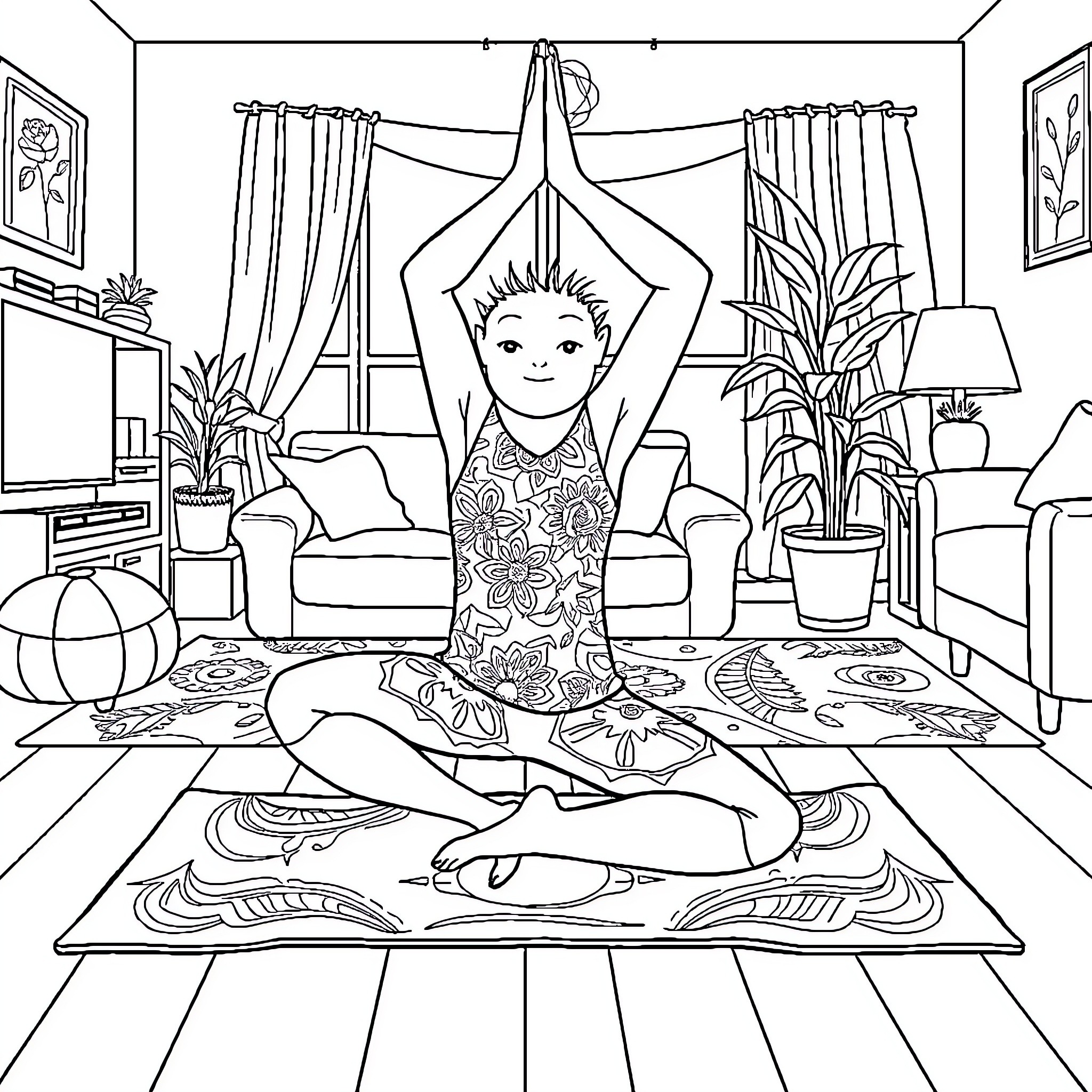 Bluey doing yoga in a cozy living room Coloring Page (free black-and-white line drawing printable PDF for all, from beginners to advanced learners, including children, teens, adults, and seniors)