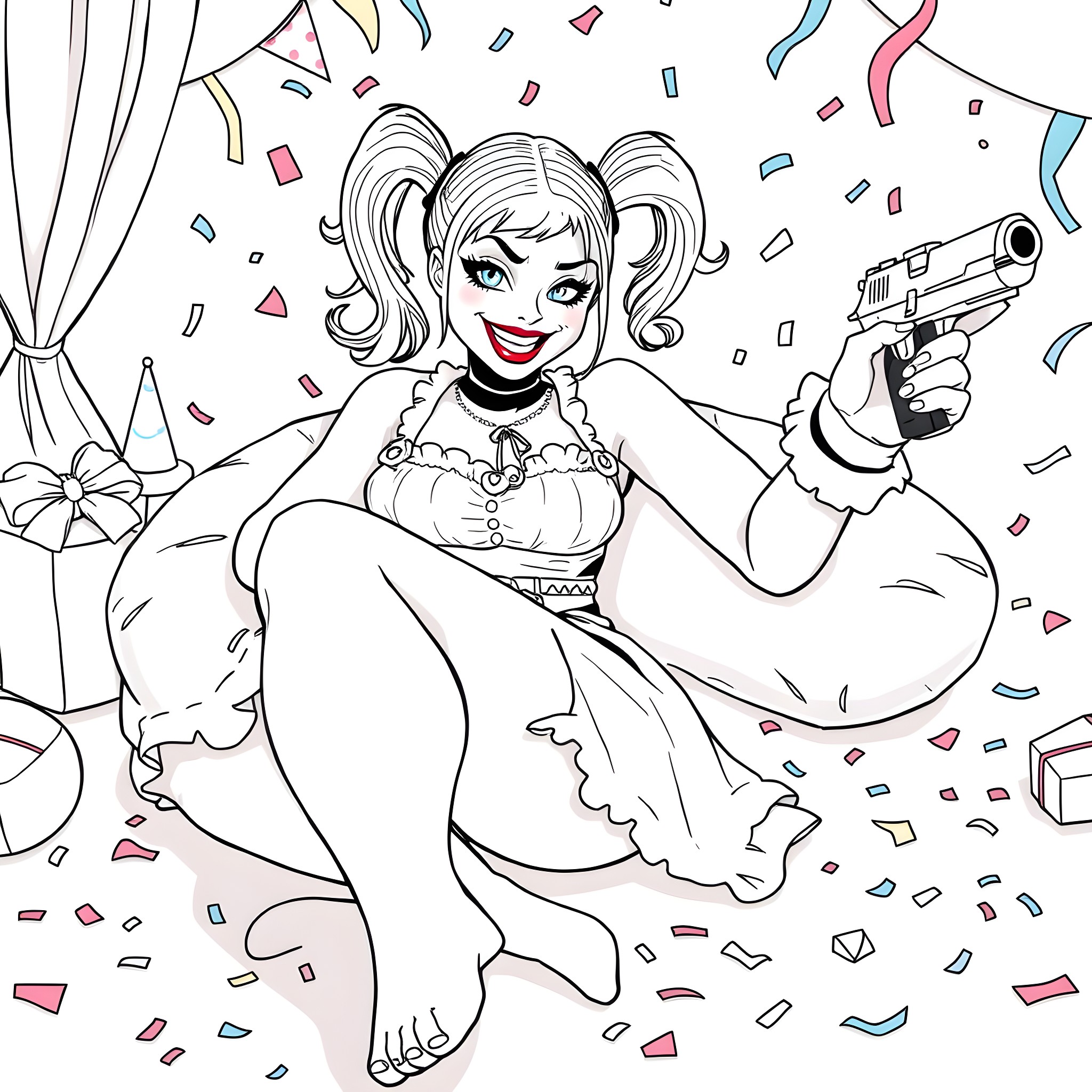 Harley Quinn's Playful Antics Coloring Page (free black-and-white line drawing printable PDF for all, from beginners to advanced learners, including children, teens, adults, and seniors)