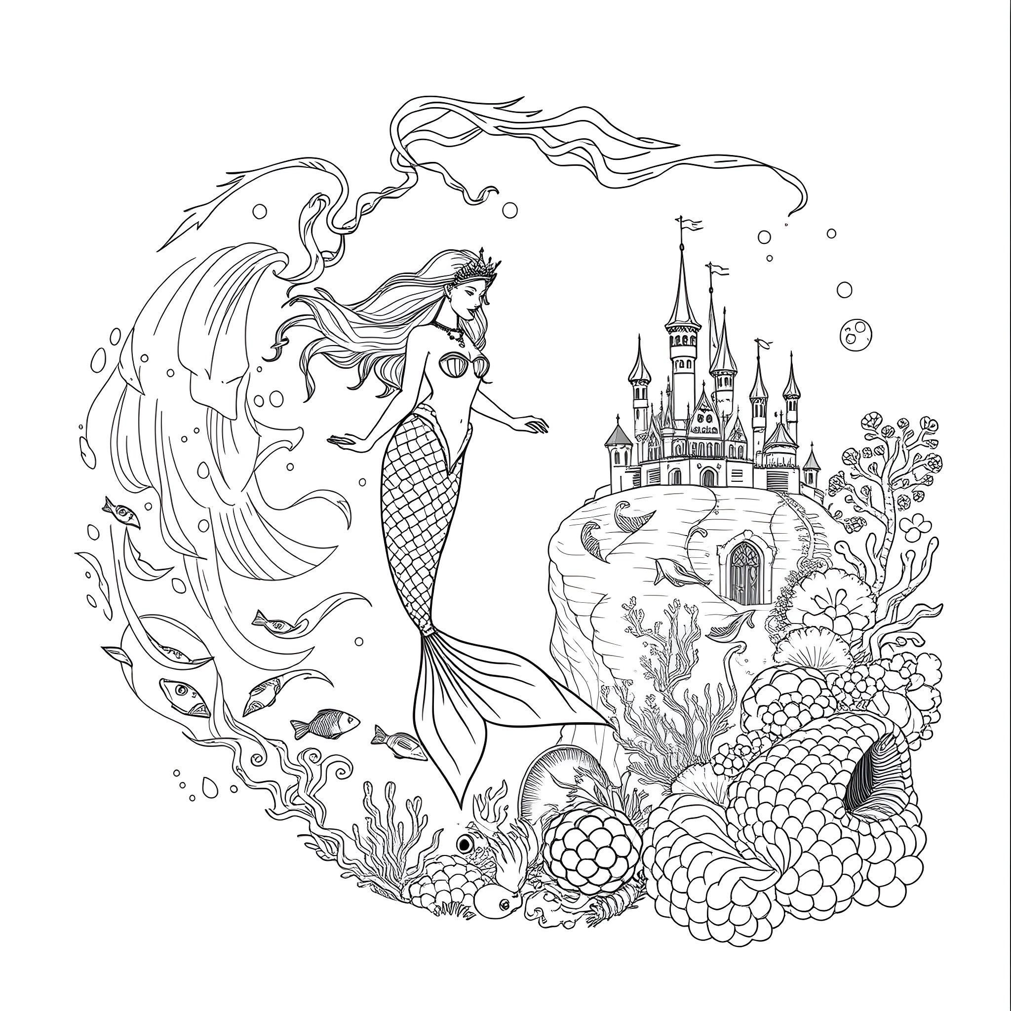 Mermaid exploring a magical underwater castle Coloring Page (free black-and-white line drawing printable PDF for all, from beginners to advanced learners, including children, teens, adults, and seniors)