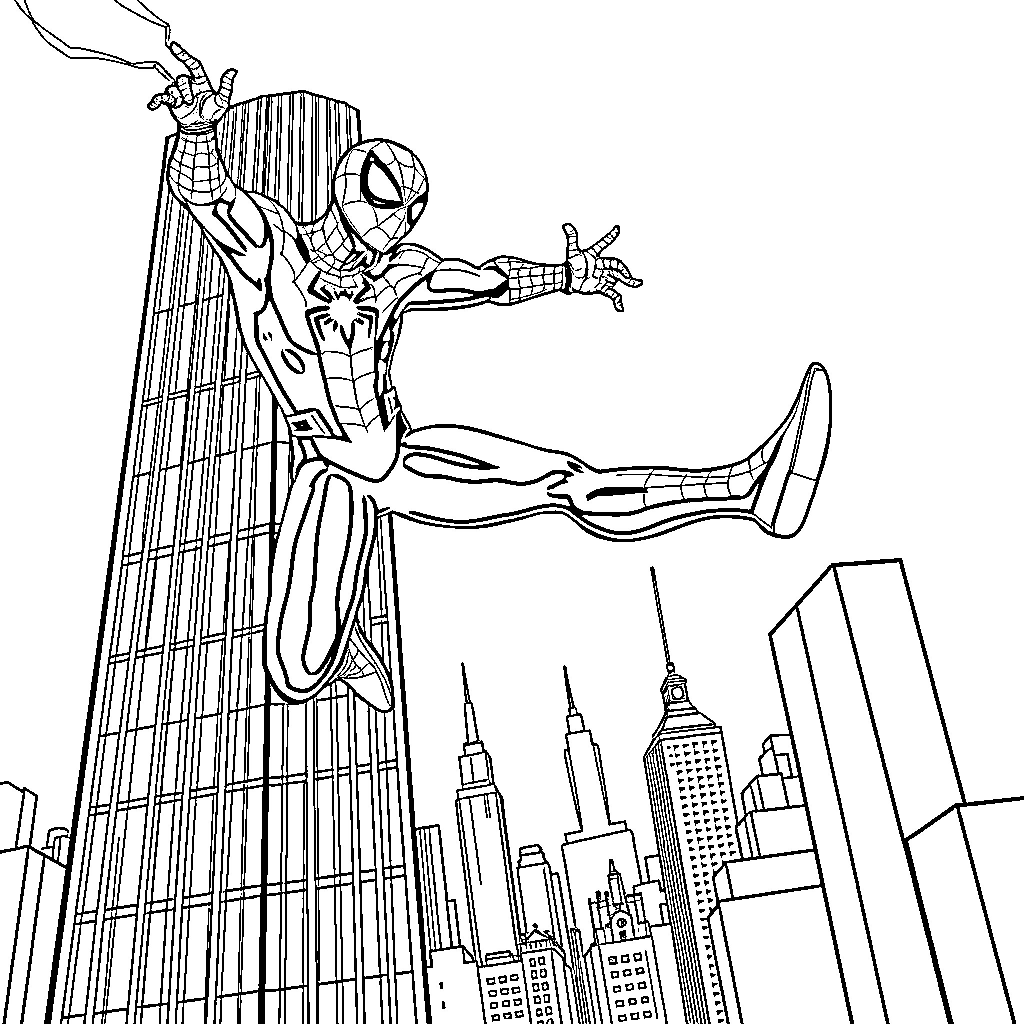 Spiderman swinging through the city skyline Coloring Page (free black-and-white line drawing printable PDF for all, from beginners to advanced learners, including children, teens, adults, and seniors)