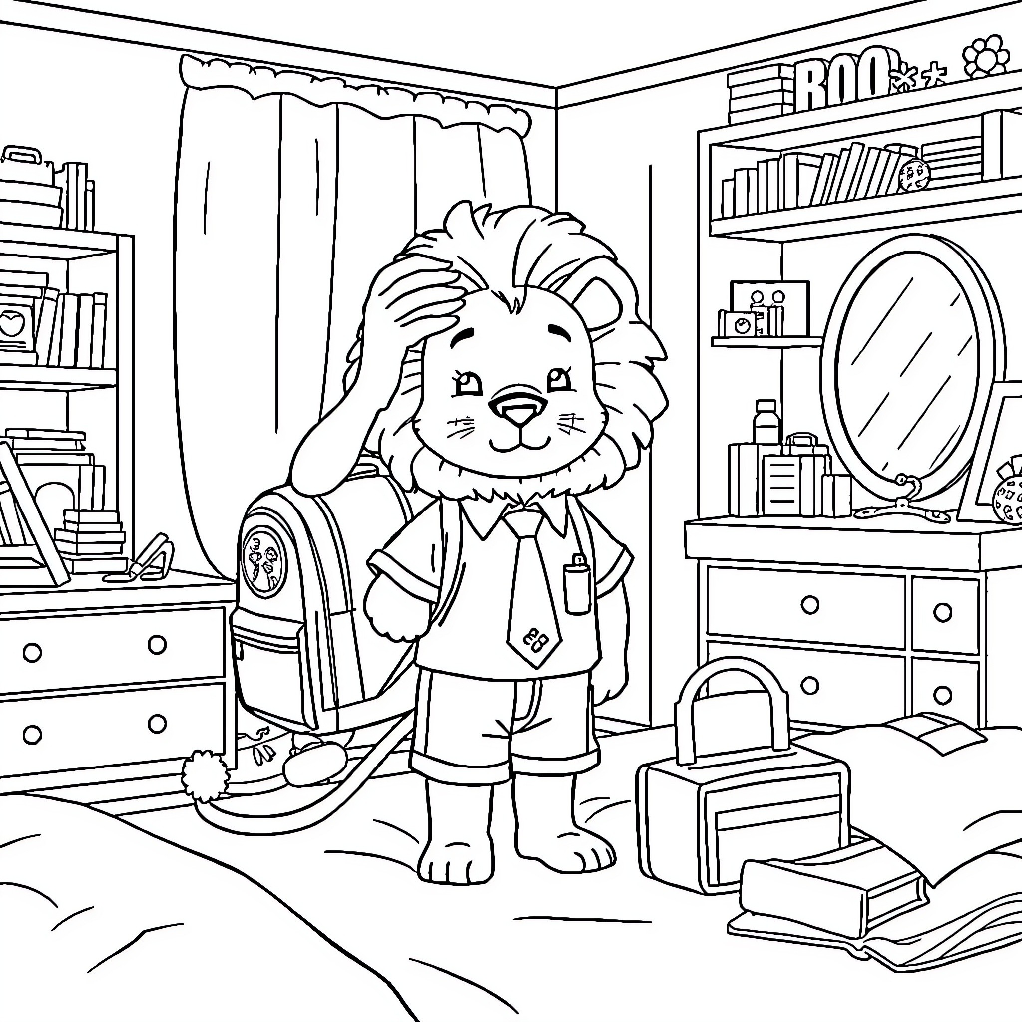 Lion exploring his cozy room Coloring Page (free black-and-white line drawing printable PDF for all, from beginners to advanced learners, including children, teens, adults, and seniors)