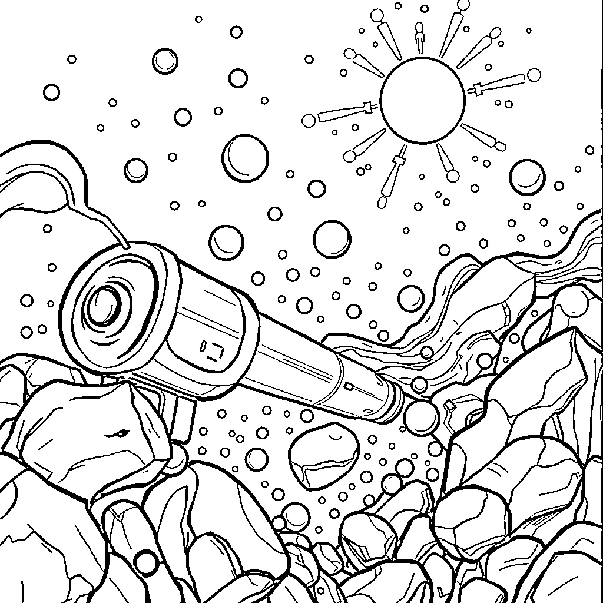 Particle Acceleration through Cosmic Landscape Coloring Page (free black-and-white line drawing printable PDF for all, from beginners to advanced learners, including children, teens, adults, and seniors)