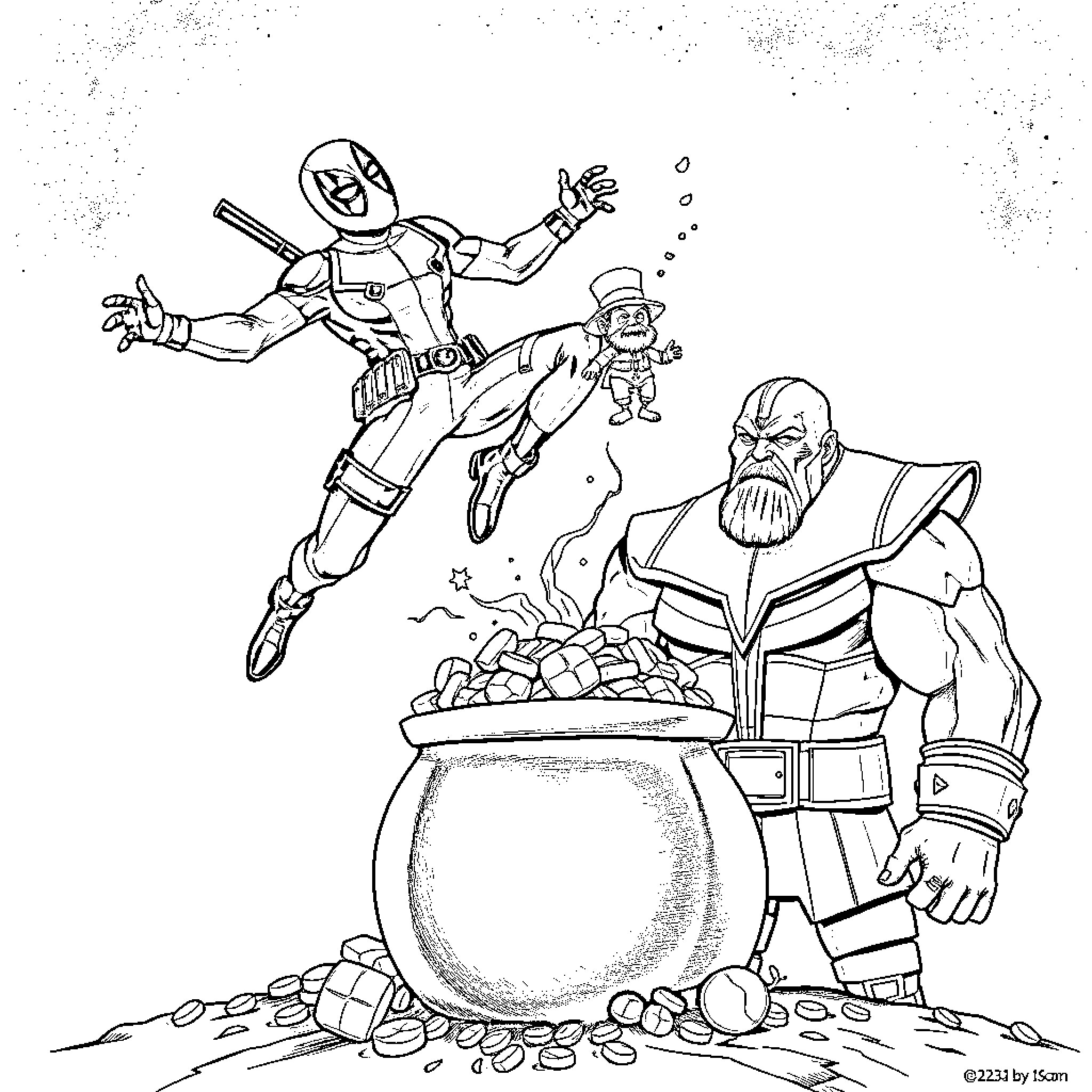 Deadpool in action against Thanos and his treasures Coloring Page (free black-and-white line drawing printable PDF for all, from beginners to advanced learners, including children, teens, adults, and seniors)