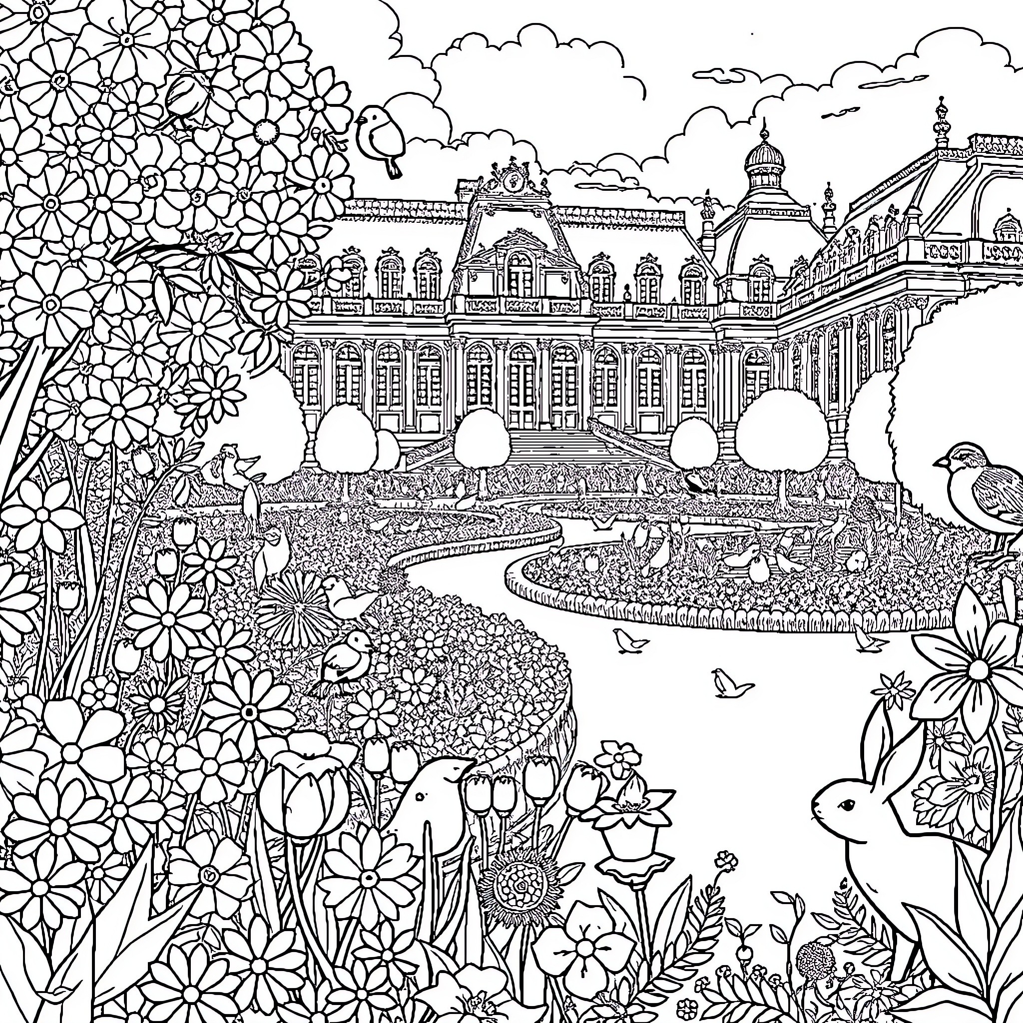 Animal Garden with Ornate Palace and Wildlife Coloring Page (free black-and-white line drawing printable PDF for all, from beginners to advanced learners, including children, teens, adults, and seniors)