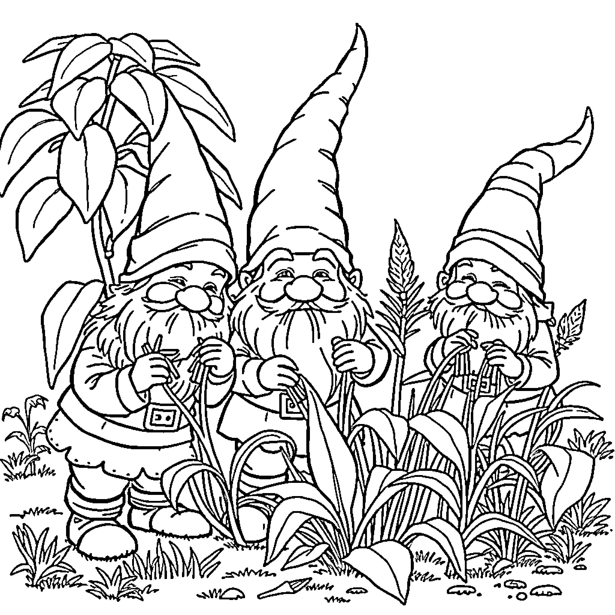 Gnome trio surrounded by lush garden foliage Coloring Page (free black-and-white line drawing printable PDF for all, from beginners to advanced learners, including children, teens, adults, and seniors)