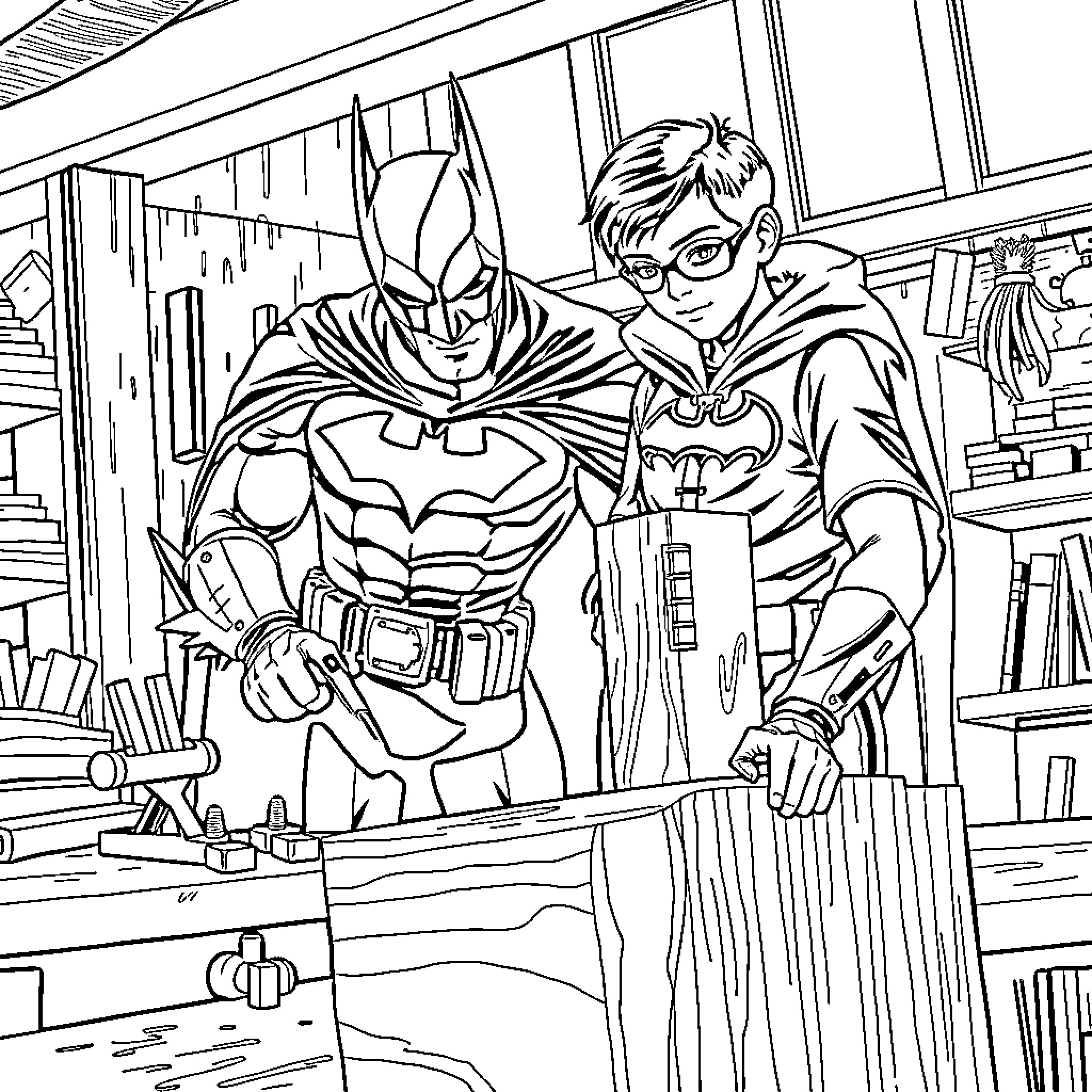 Bat heroes in action at the secret lair Coloring Page (free black-and-white line drawing printable PDF for all, from beginners to advanced learners, including children, teens, adults, and seniors)