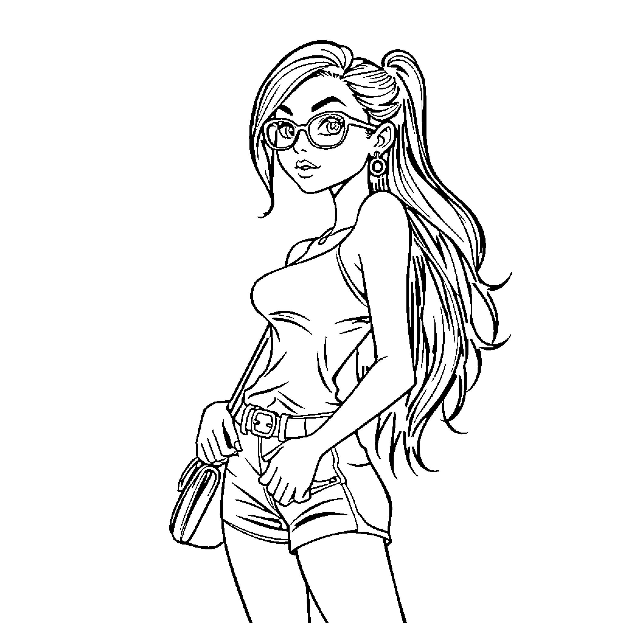 Girl with stylish glasses and long hair Coloring Page (free black-and-white line drawing printable PDF for all, from beginners to advanced learners, including children, teens, adults, and seniors)