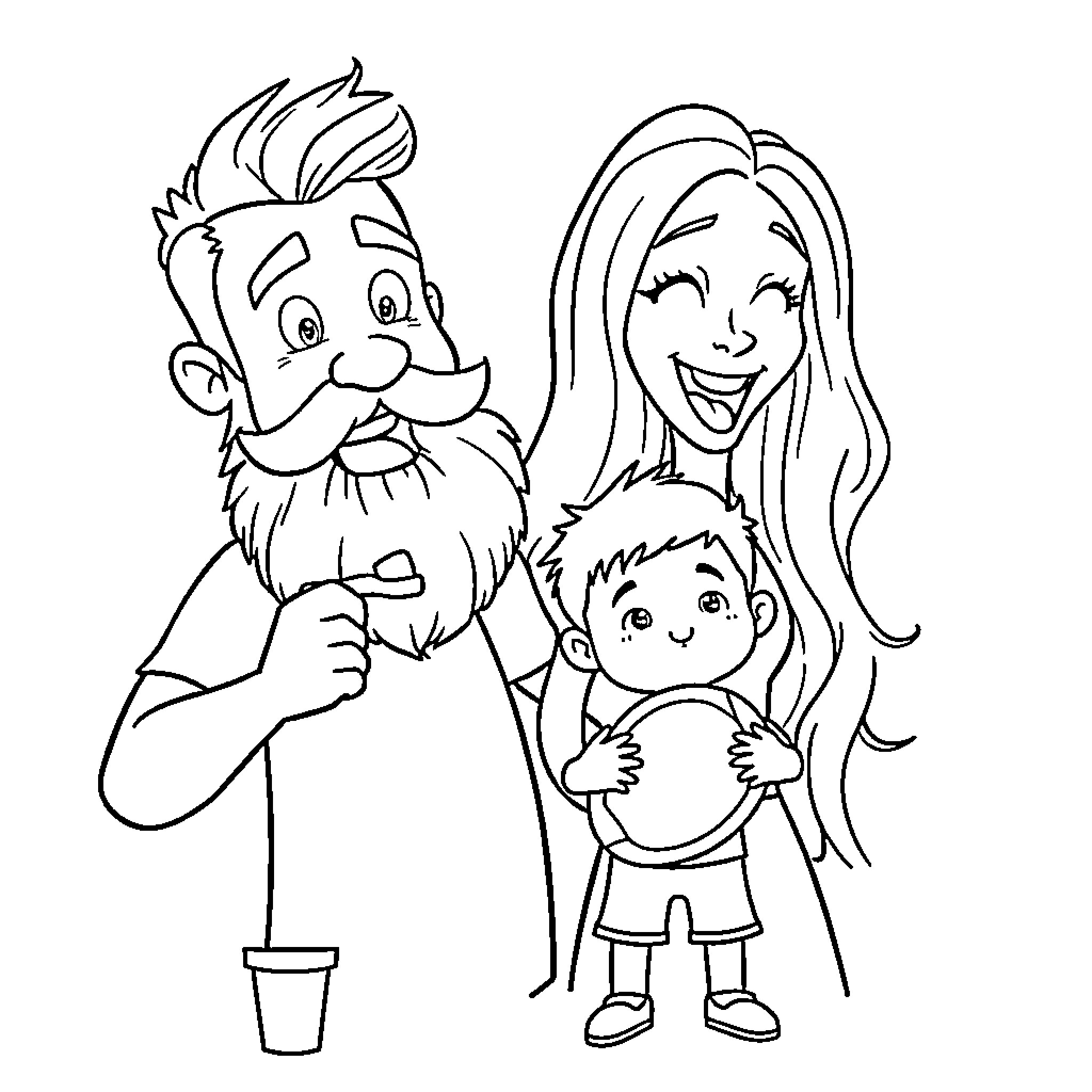 Family enjoying a day out together Coloring Page (free black-and-white line drawing printable PDF for all, from beginners to advanced learners, including children, teens, adults, and seniors)