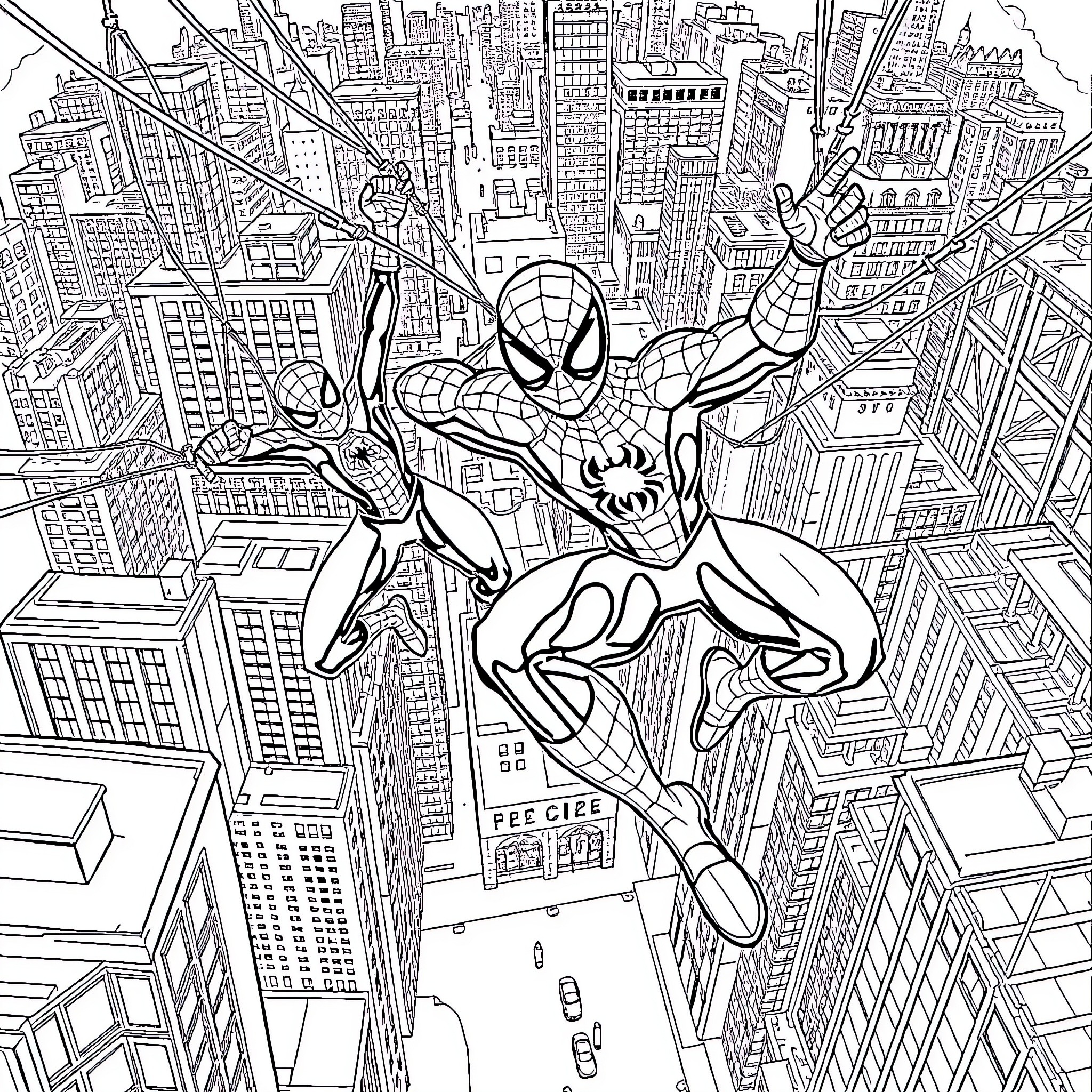 Spider-Man swinging through the city skyline Coloring Page (free black-and-white line drawing printable PDF for all, from beginners to advanced learners, including children, teens, adults, and seniors)