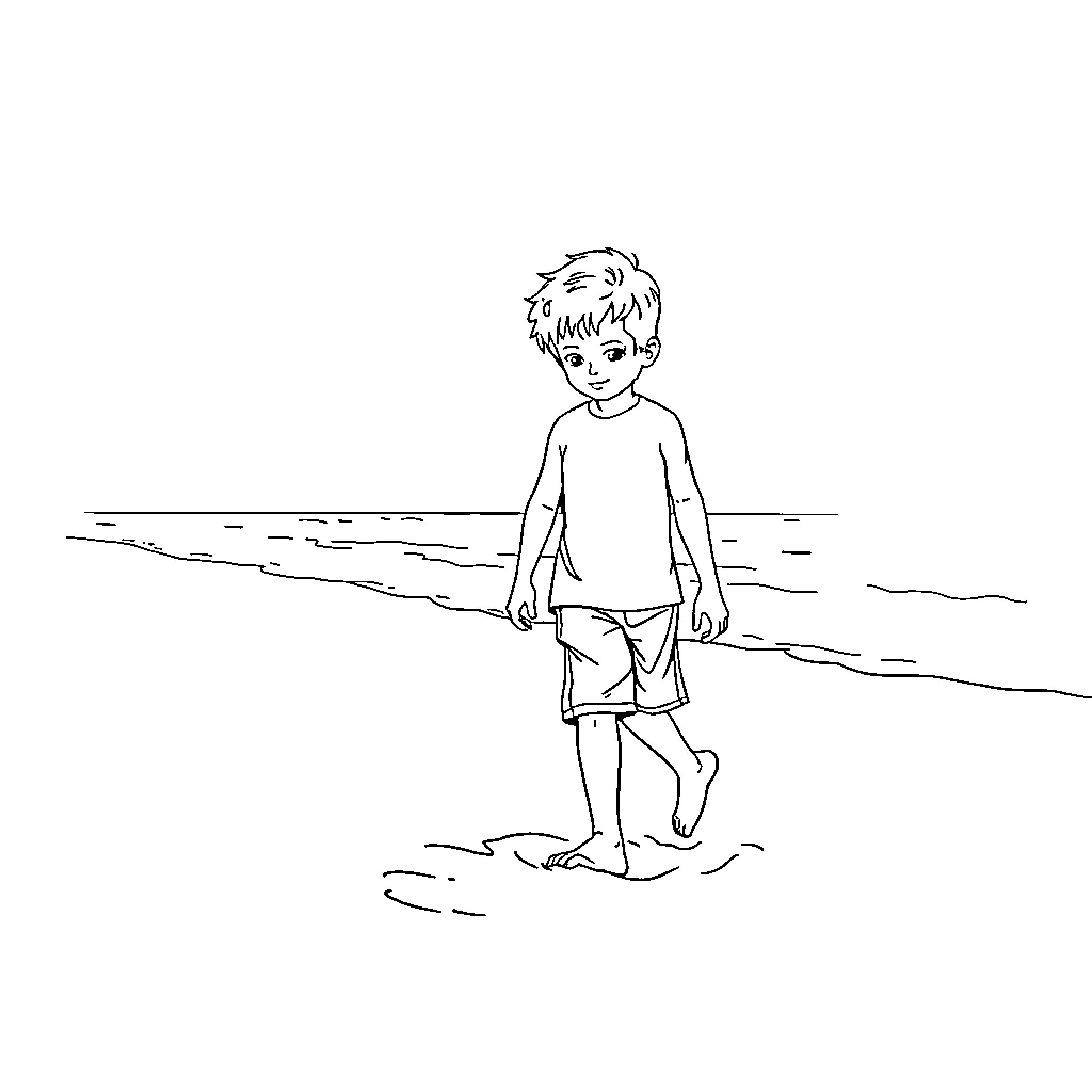 Boy walking on the beach Coloring Page (free black-and-white line drawing printable PDF for all, from beginners to advanced learners, including children, teens, adults, and seniors)