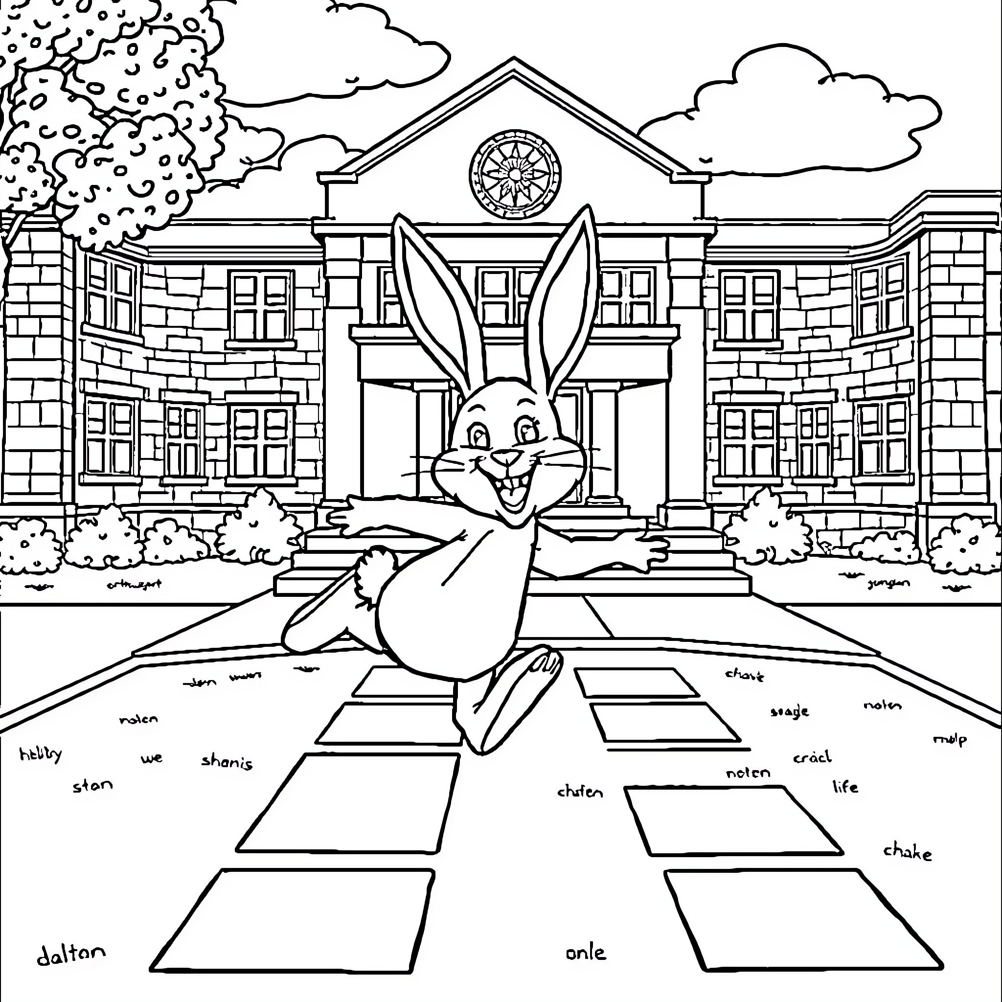 Rabbit playing hopscotch in front of a school building Coloring Page (free black-and-white line drawing printable PDF for all, from beginners to advanced learners, including children, teens, adults, and seniors)