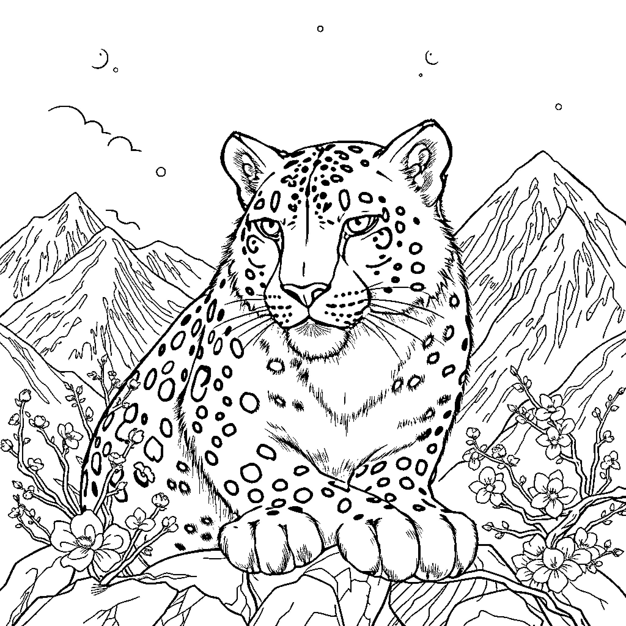 Snow Leopard Observing Serene Mountain Landscape Coloring Page (free black-and-white line drawing printable PDF for all, from beginners to advanced learners, including children, teens, adults, and seniors)