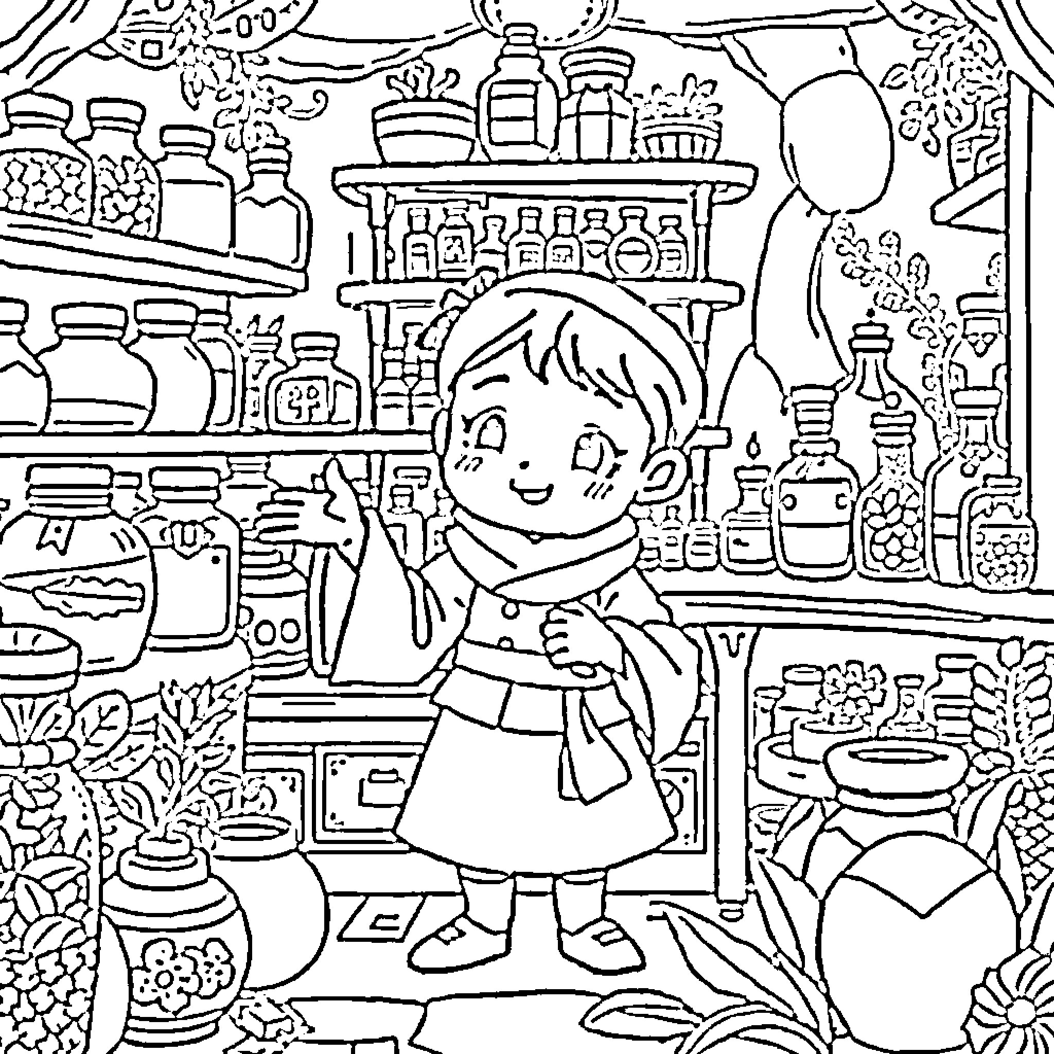 Maomao's Exploration of the Charming Apothecary Coloring Page (free black-and-white line drawing printable PDF for all, from beginners to advanced learners, including children, teens, adults, and seniors)
