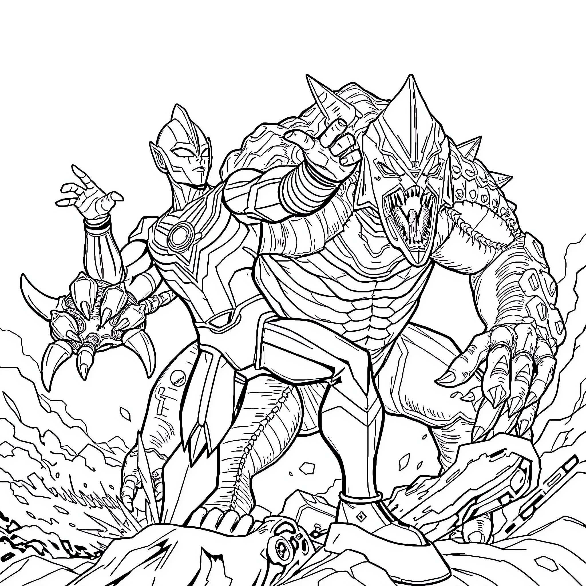 Ultraman battling a fearsome monster in an epic showdown Coloring Page (free black-and-white line drawing printable PDF for all, from beginners to advanced learners, including children, teens, adults, and seniors)
