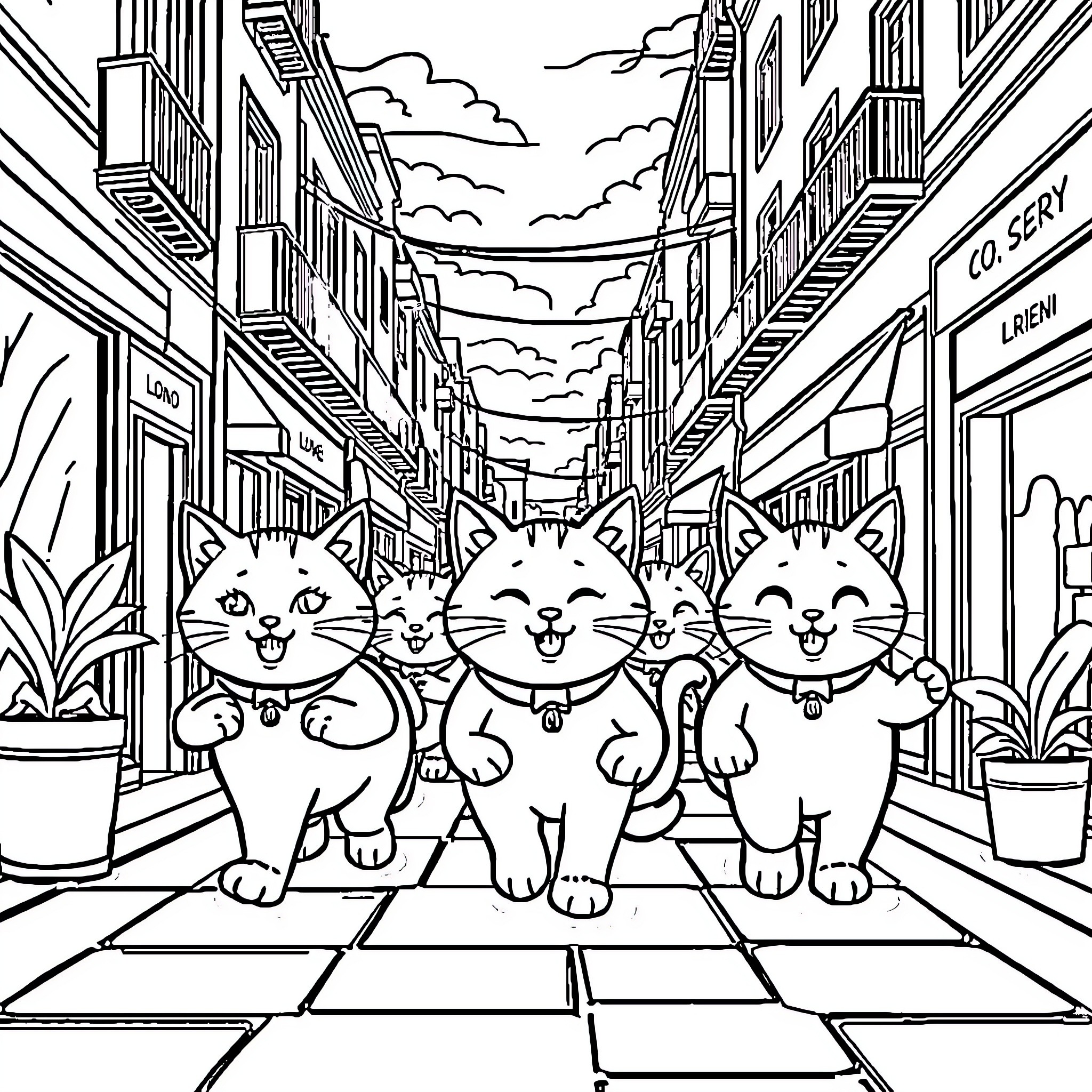 Emojicat Kitties Strolling Down the Street Coloring Page (free black-and-white line drawing printable PDF for all, from beginners to advanced learners, including children, teens, adults, and seniors)