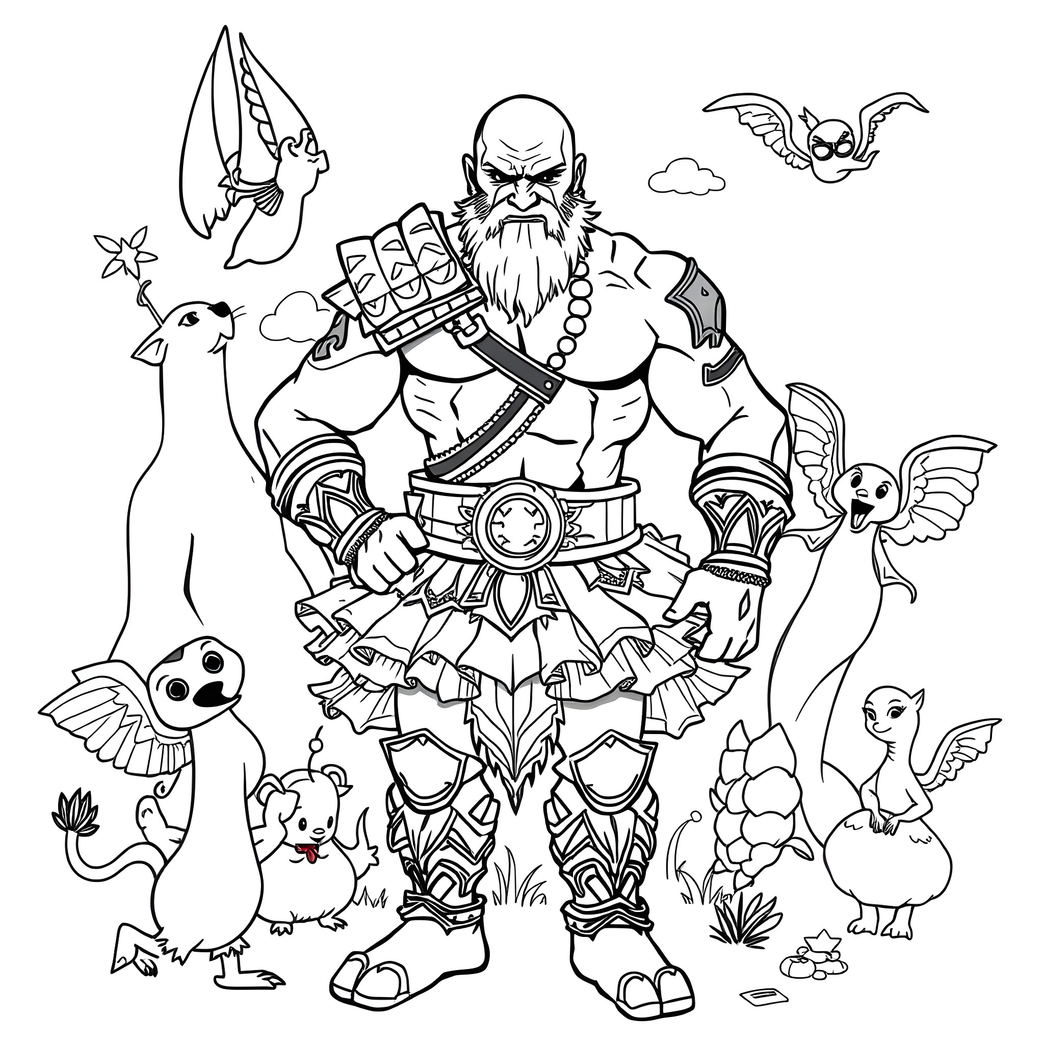 Kratos the Mighty Warrior Surrounded by Fantastical Creatures Coloring Page (free black-and-white line drawing printable PDF for all, from beginners to advanced learners, including children, teens, adults, and seniors)