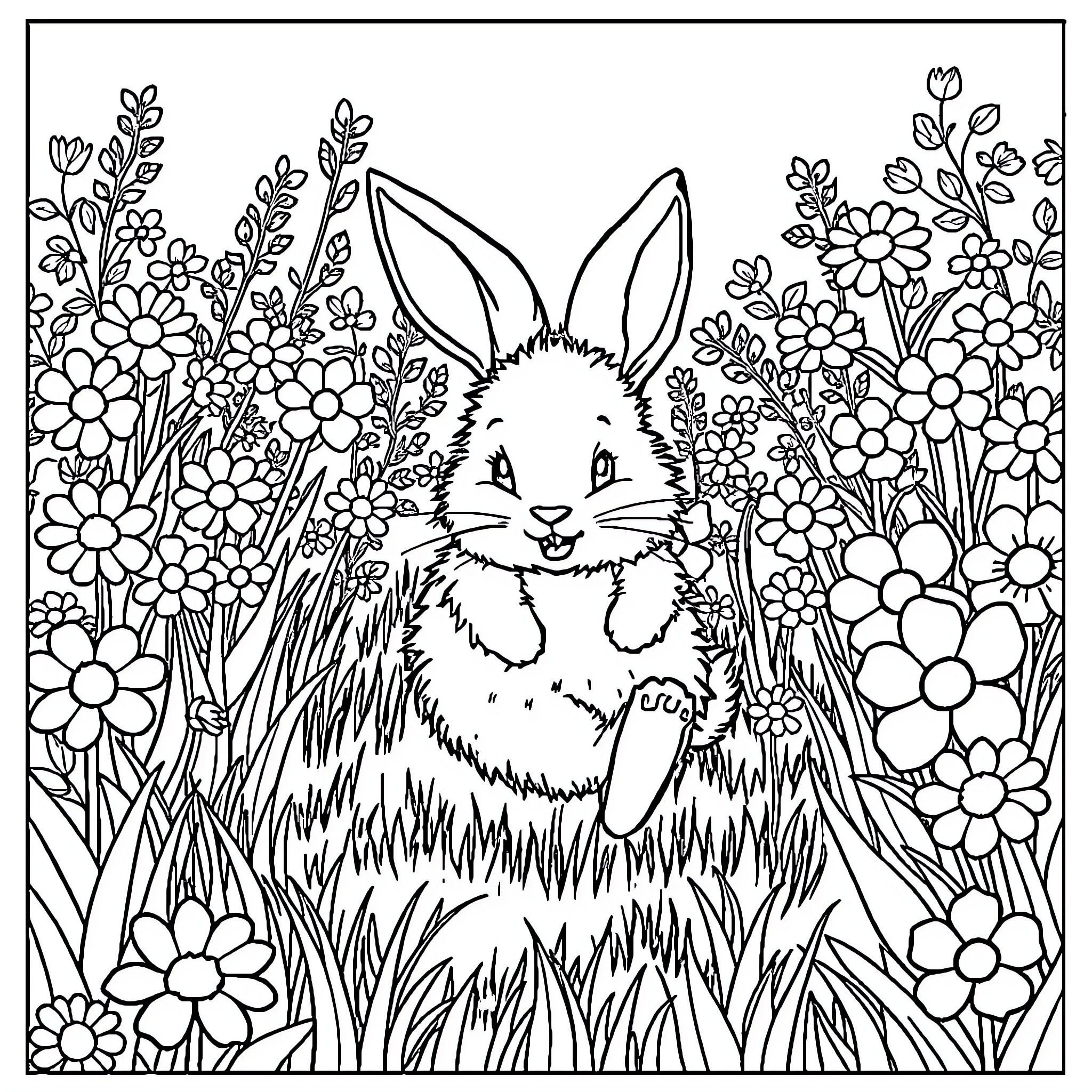 Bunny in a Flower-Filled Field Coloring Page (free black-and-white line drawing printable PDF for all, from beginners to advanced learners, including children, teens, adults, and seniors)