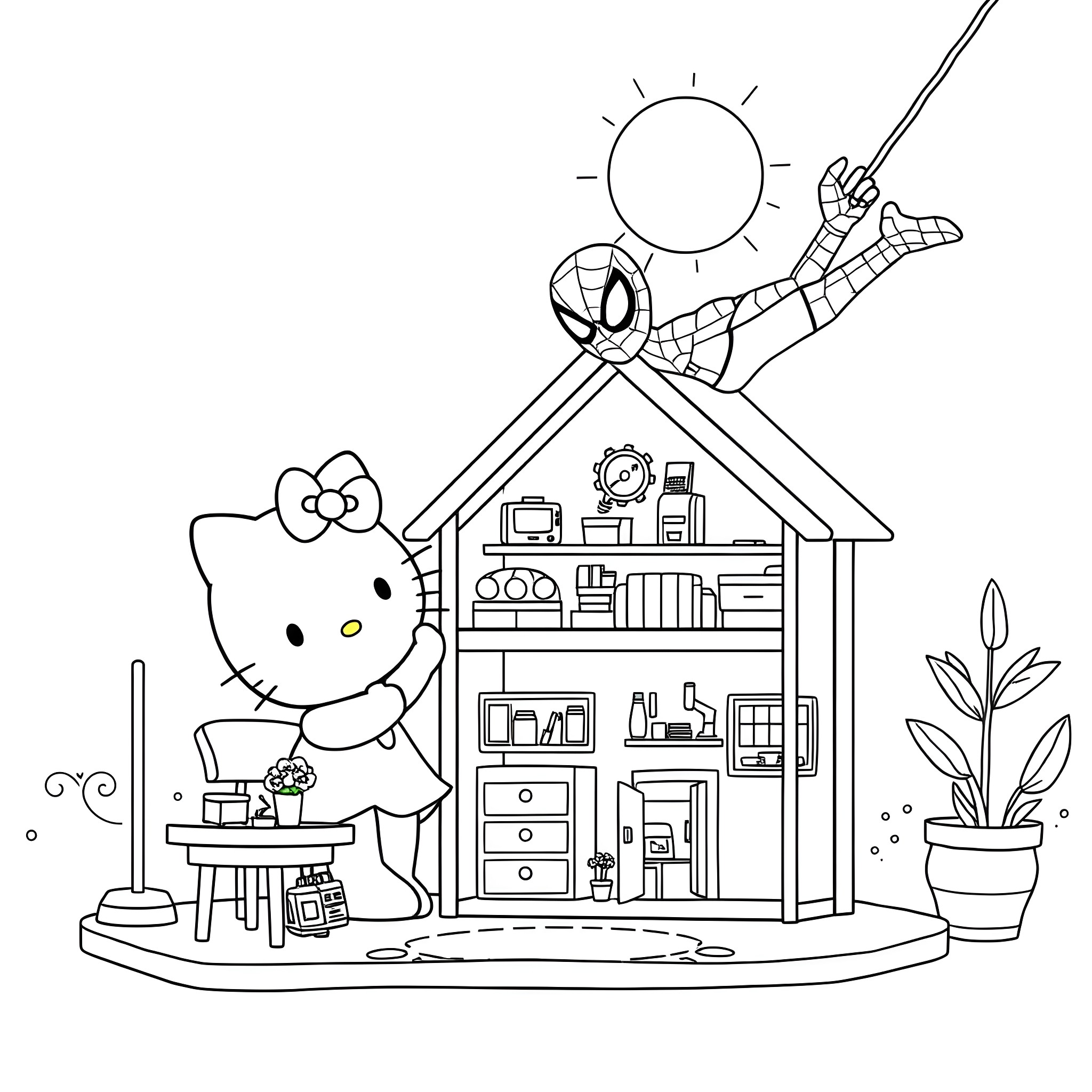 Hello Kitty playing in a playhouse with Spider-Man Coloring Page (free black-and-white line drawing printable PDF for all, from beginners to advanced learners, including children, teens, adults, and seniors)