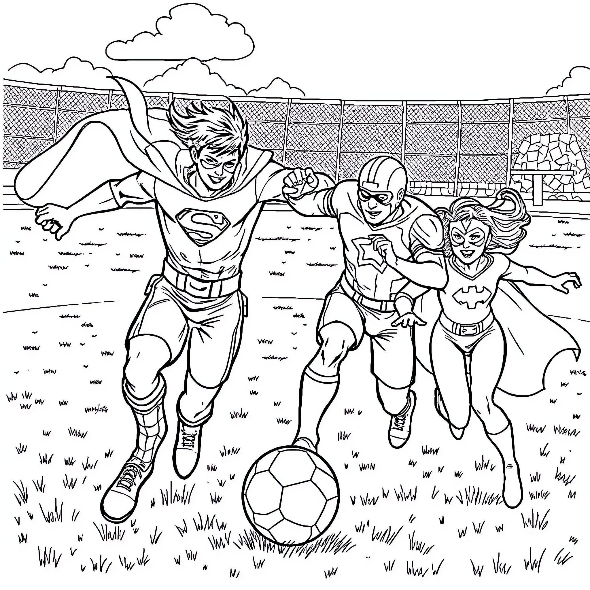 Superhero Team Playing Soccer in Stadium Coloring Page (free black-and-white line drawing printable PDF for all, from beginners to advanced learners, including children, teens, adults, and seniors)