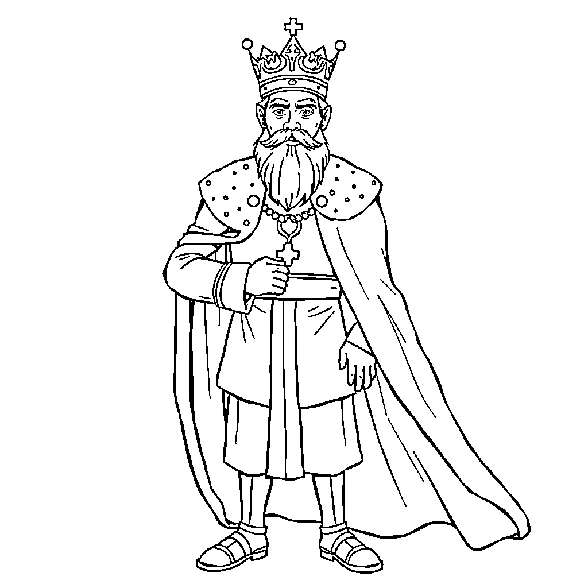 Person wearing royal robes and crown Coloring Page (free black-and-white line drawing printable PDF for all, from beginners to advanced learners, including children, teens, adults, and seniors)