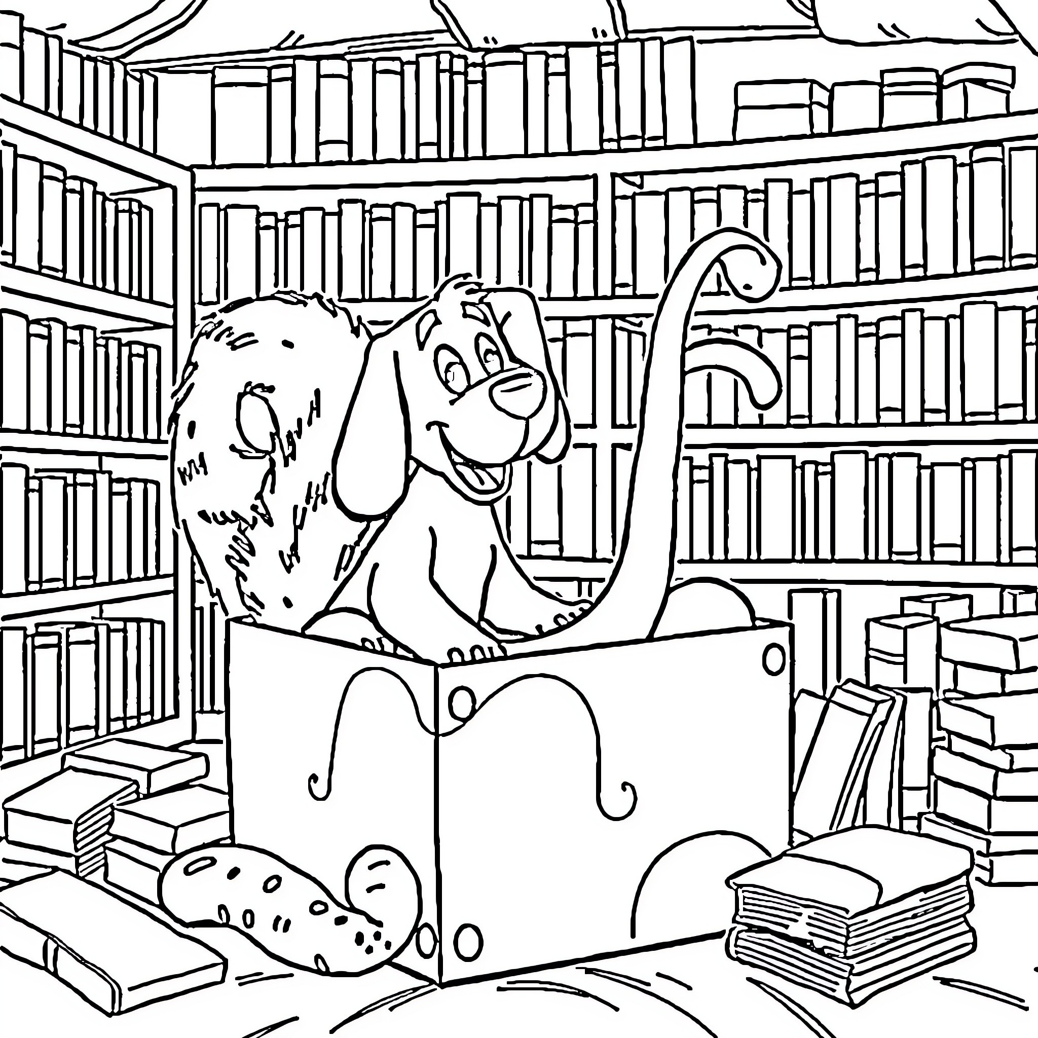Squirrel reading books in a library Coloring Page (free black-and-white line drawing printable PDF for all, from beginners to advanced learners, including children, teens, adults, and seniors)
