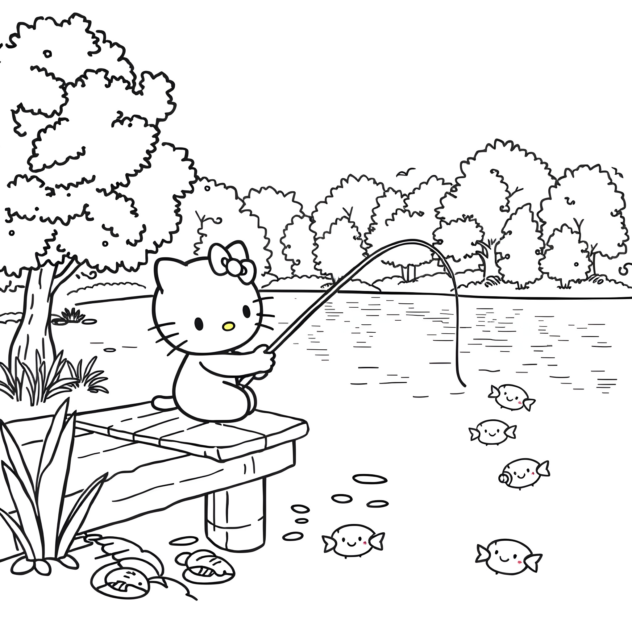 Hello Kitty fishing by the river with cute fish Coloring Page (free black-and-white line drawing printable PDF for all, from beginners to advanced learners, including children, teens, adults, and seniors)