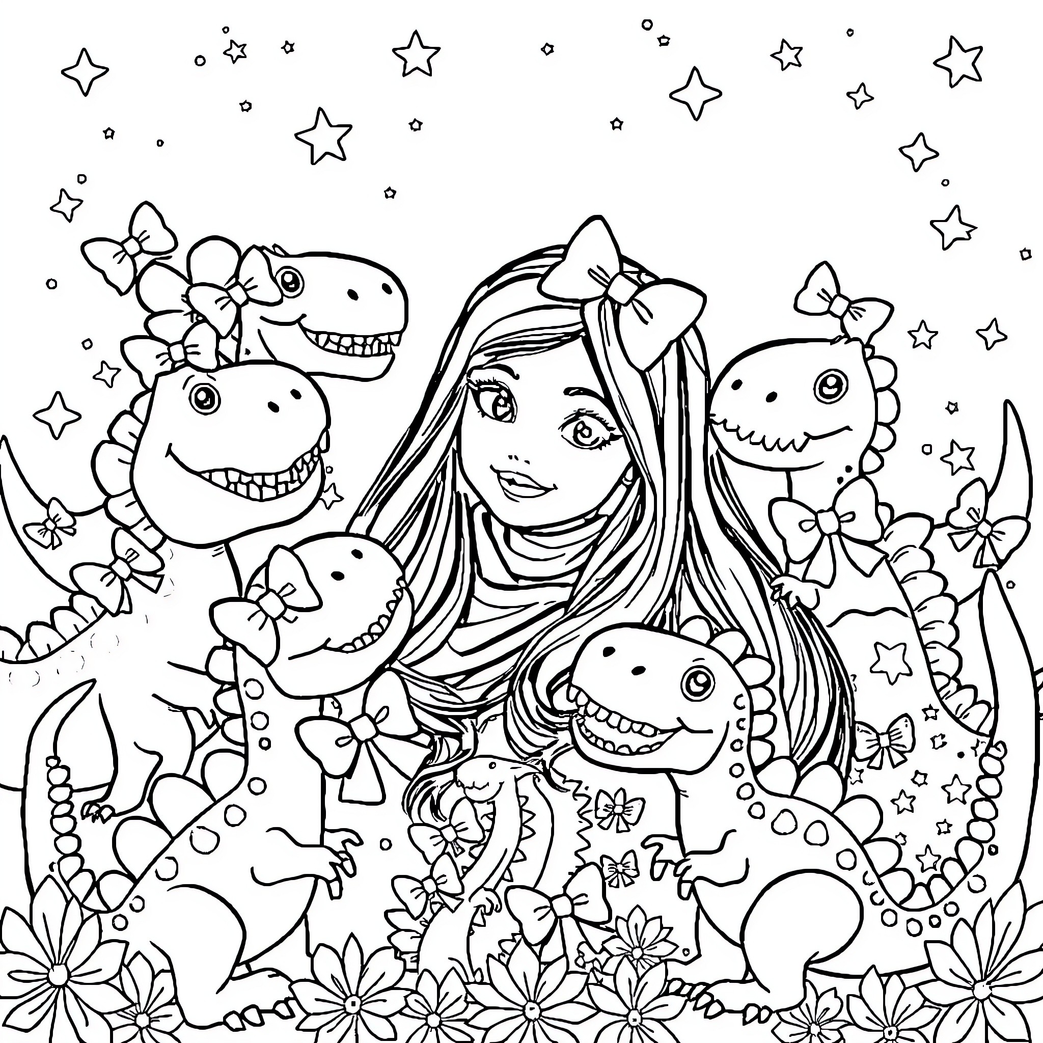 Dinosaur friends having a fun adventure Coloring Page (free black-and-white line drawing printable PDF for all, from beginners to advanced learners, including children, teens, adults, and seniors)