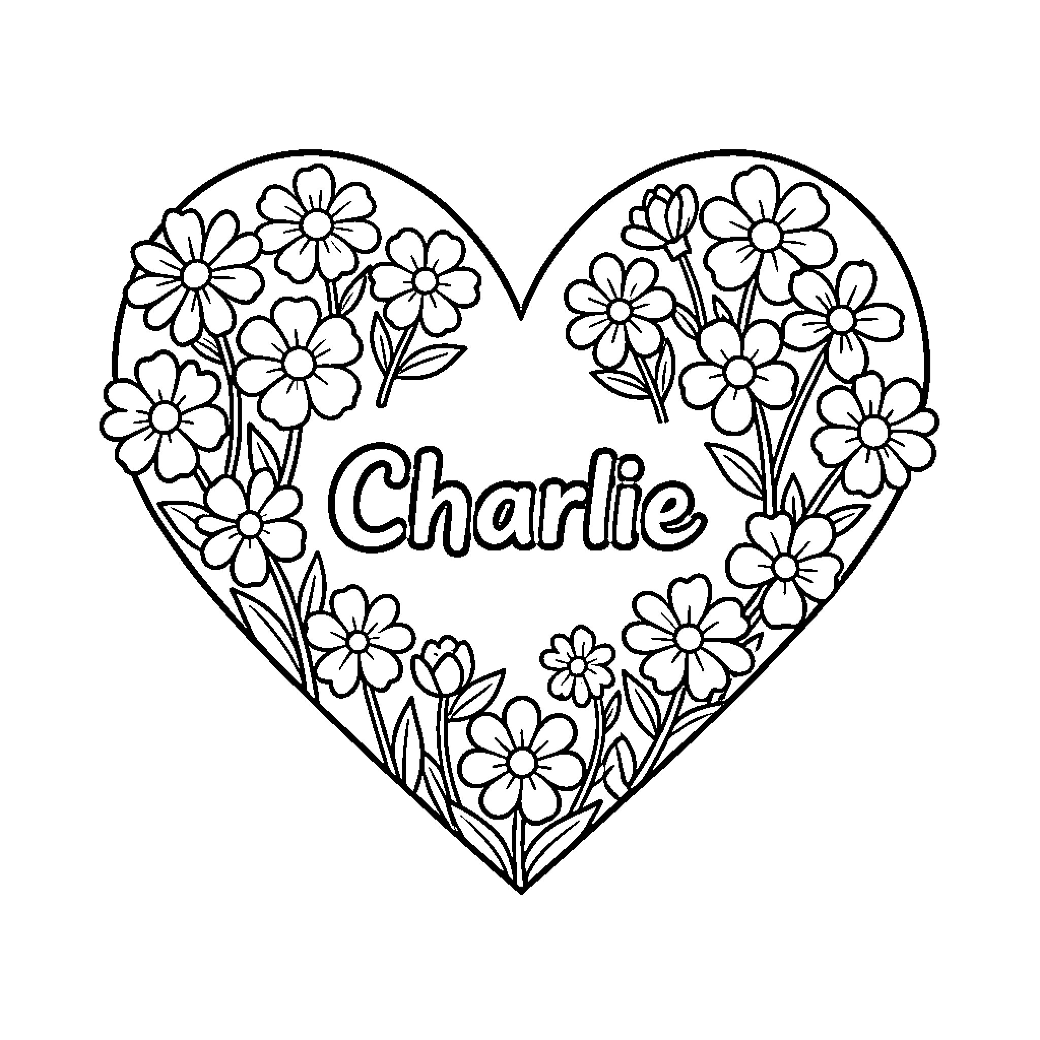 Heart shape decorated with beautiful blooming flowers Coloring Page (free black-and-white line drawing printable PDF for all, from beginners to advanced learners, including children, teens, adults, and seniors)